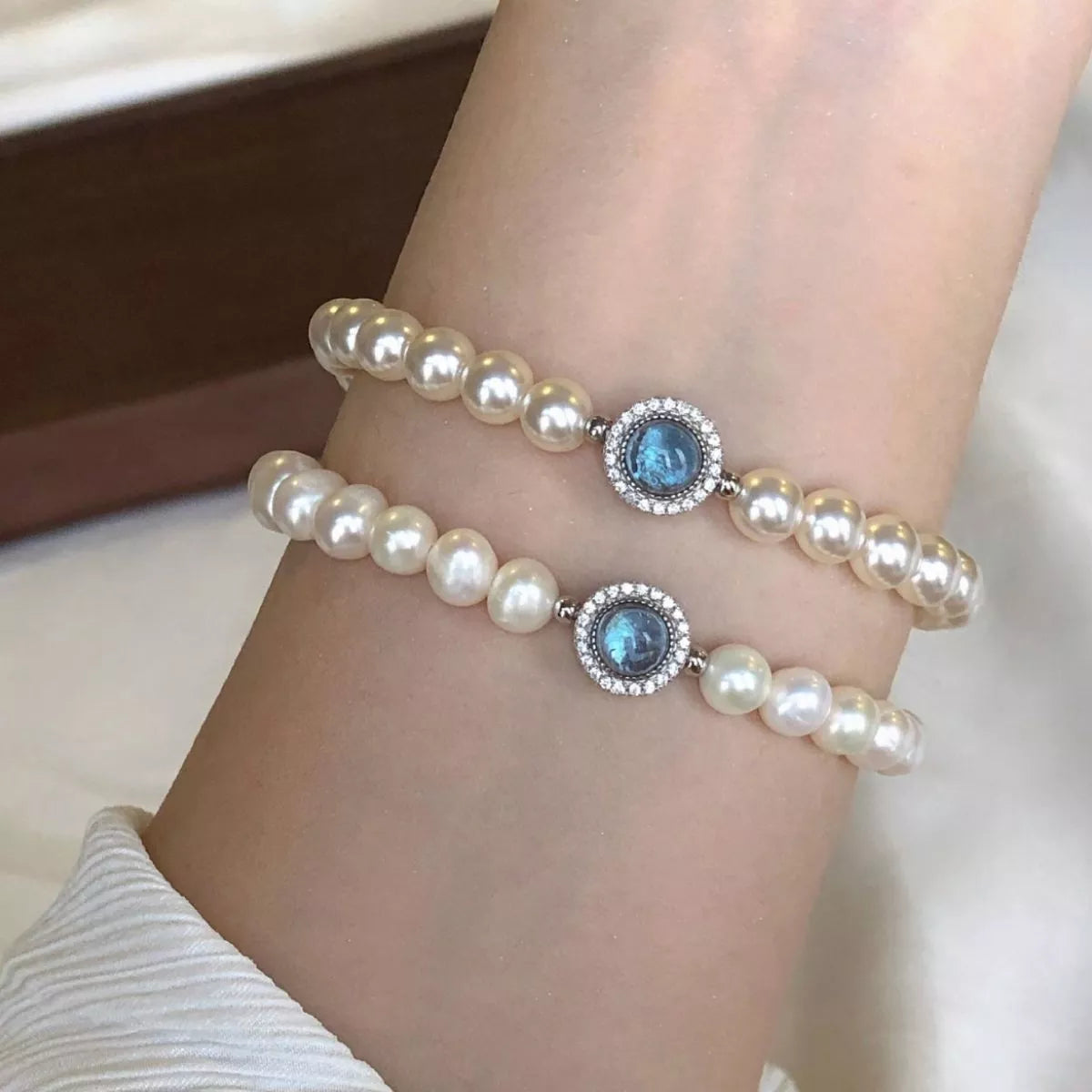 925 Sterling Silver Zircon Bead Pearl Bracelet in White, view 4