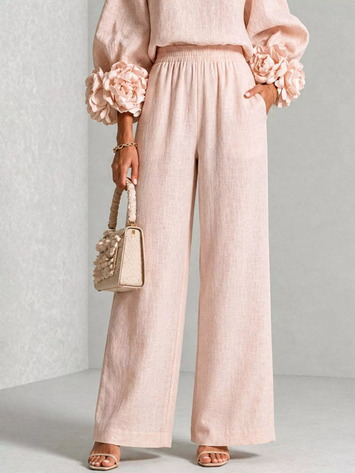 Full Size Floral Cuffs Top and Wide Leg Pants Set Plus Size