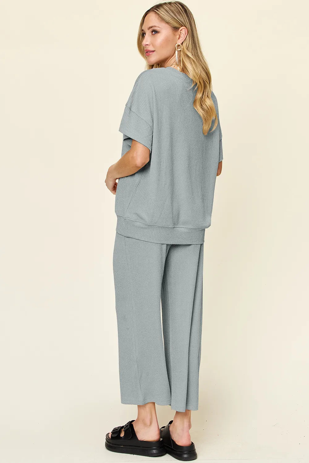 Double Take Full Size Texture Round Neck Short Sleeve T-Shirt and Wide Leg Pants, view 20