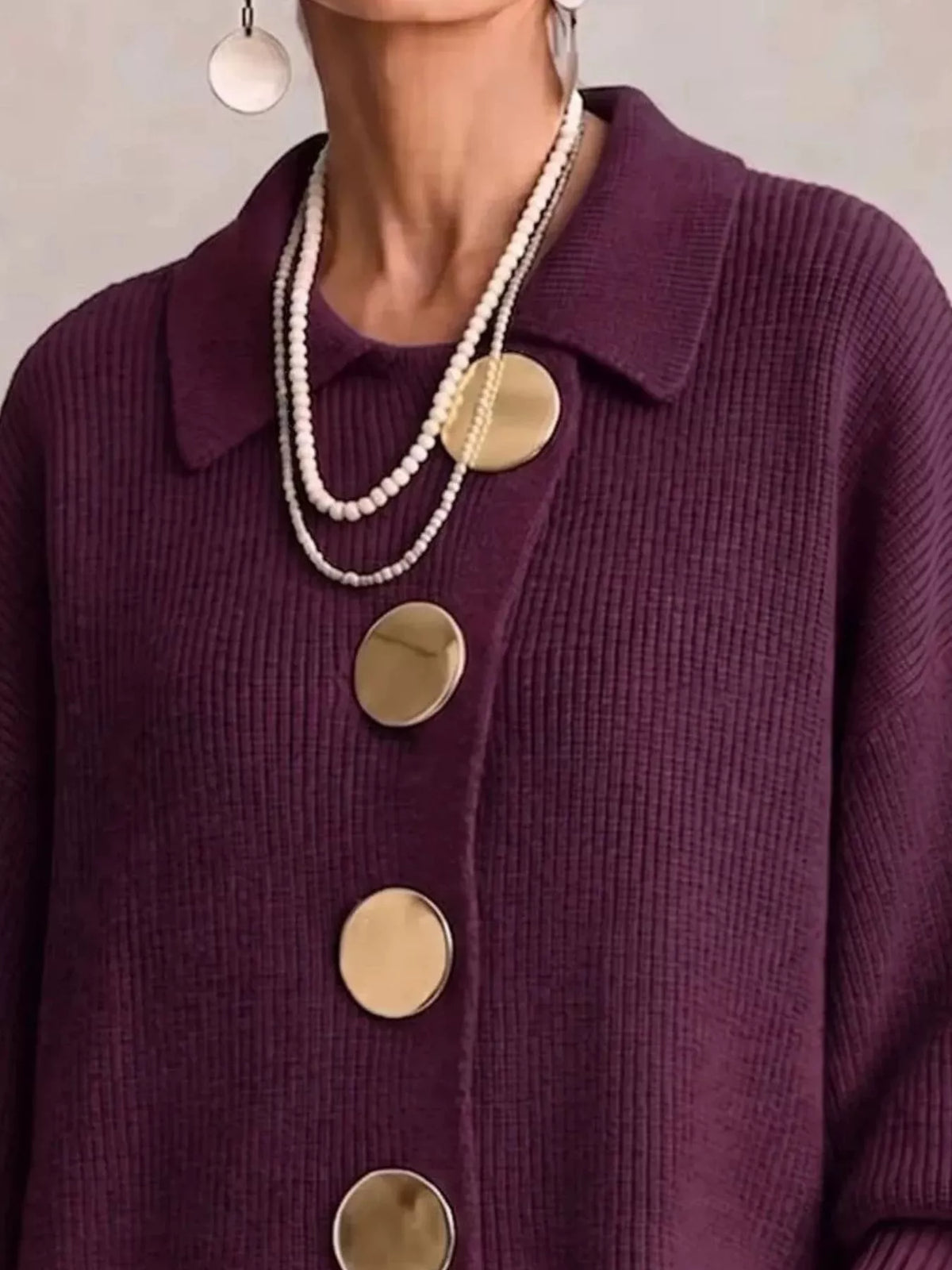 Full Size Gold Buttons Lantern Sleeve Cardigan Plus Size - Lilixa.store