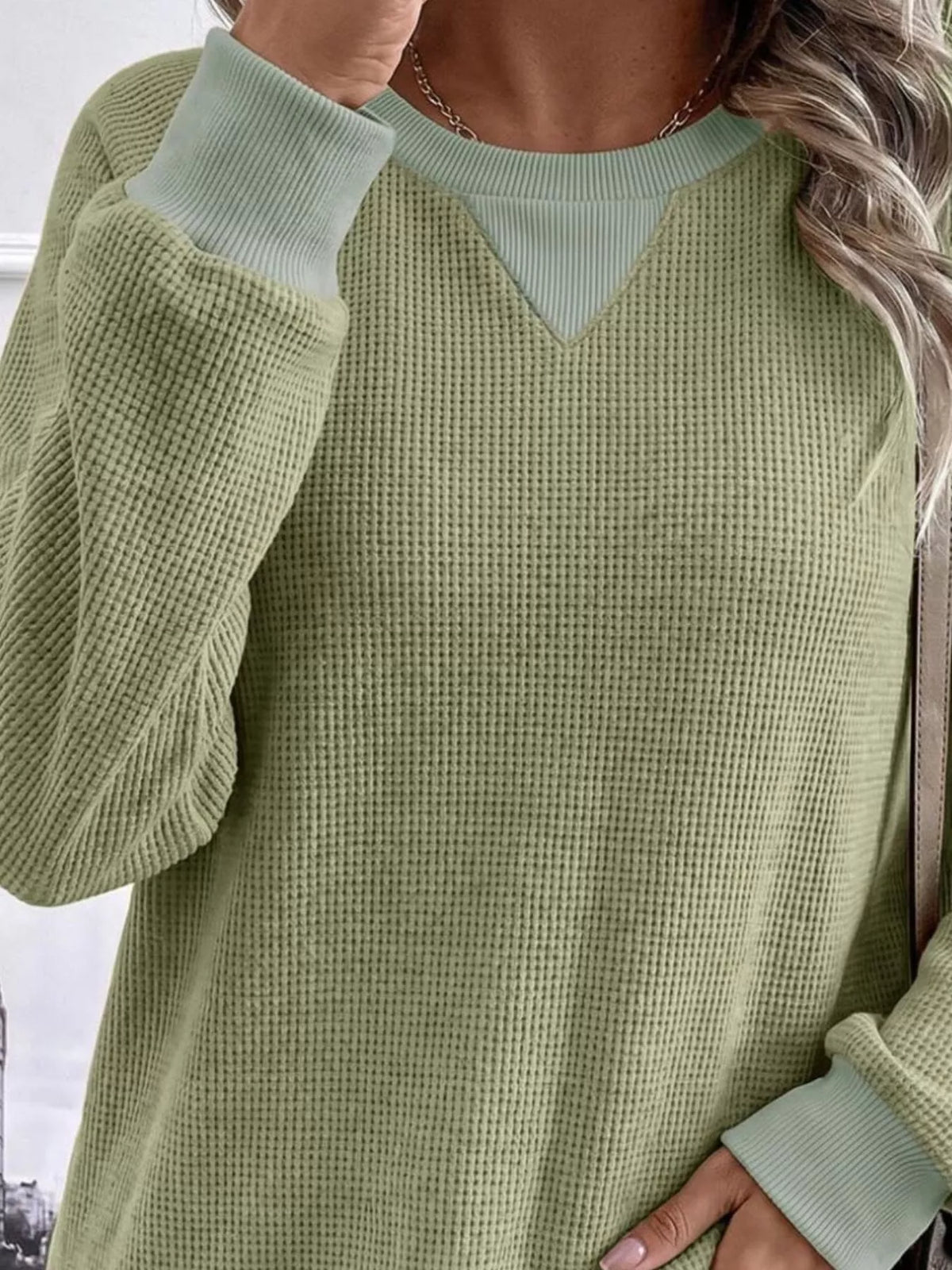 Waffle Knit Crew Neck Long Sleeve Sweatshirt, view 7