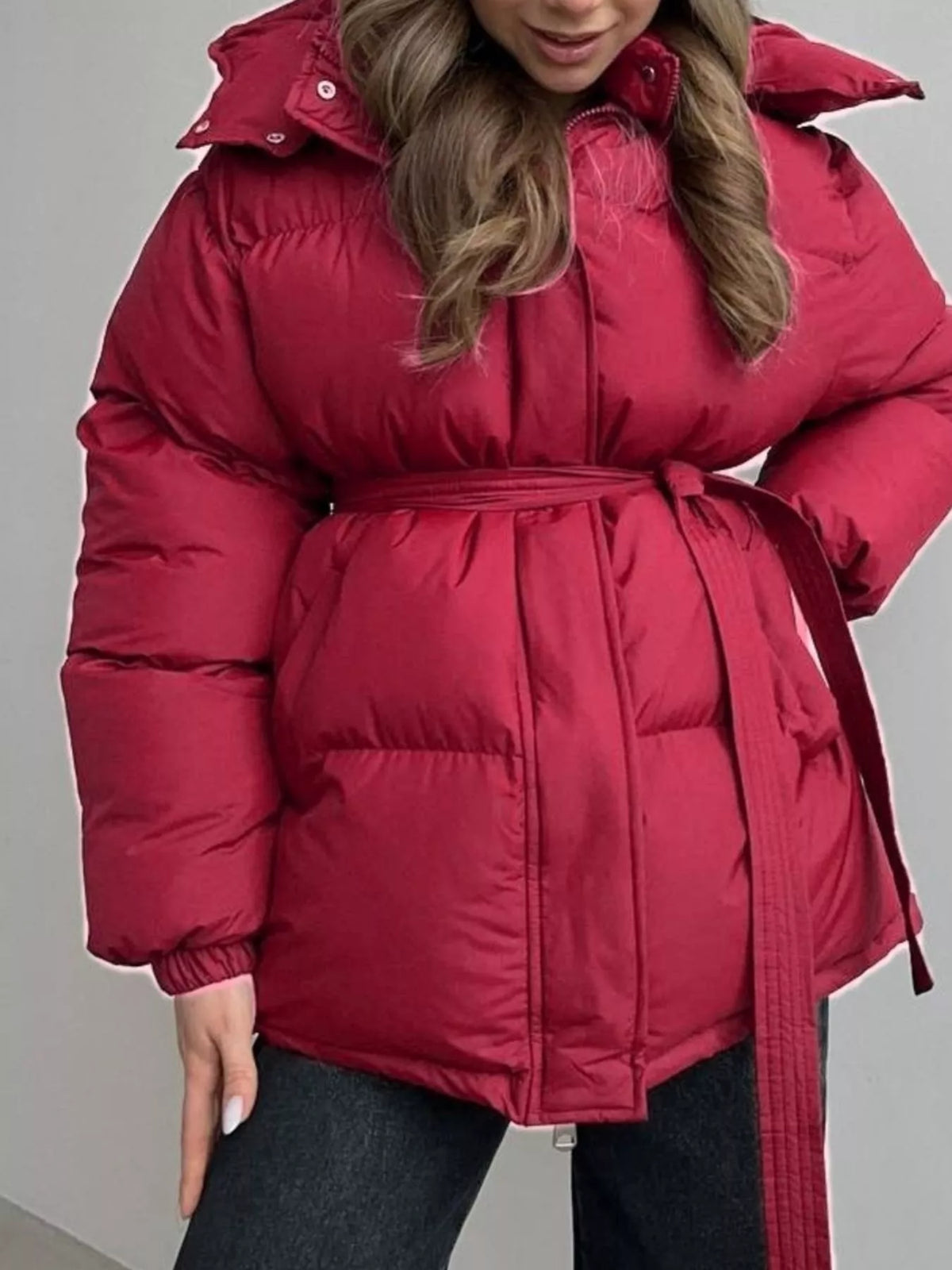Mid-Length Thickened Hooded Winter Coat with Belted in Burgundy