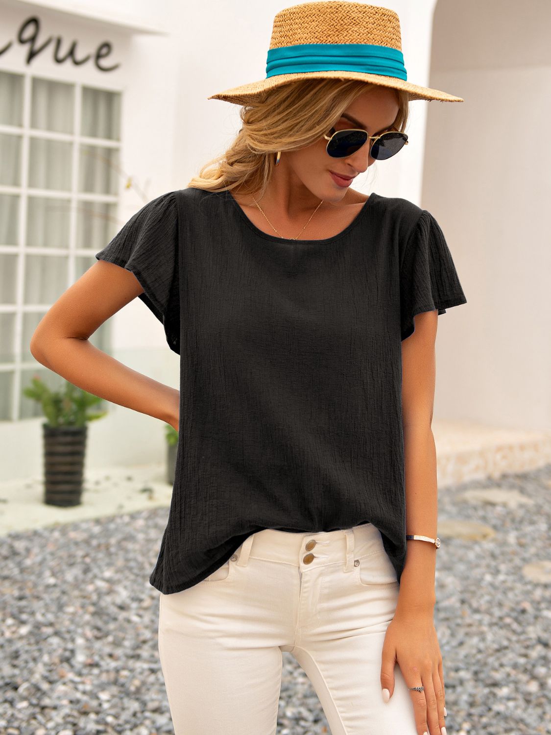 Ivy Lane Round Neck Cutout Tie Back Top in Black, view 5