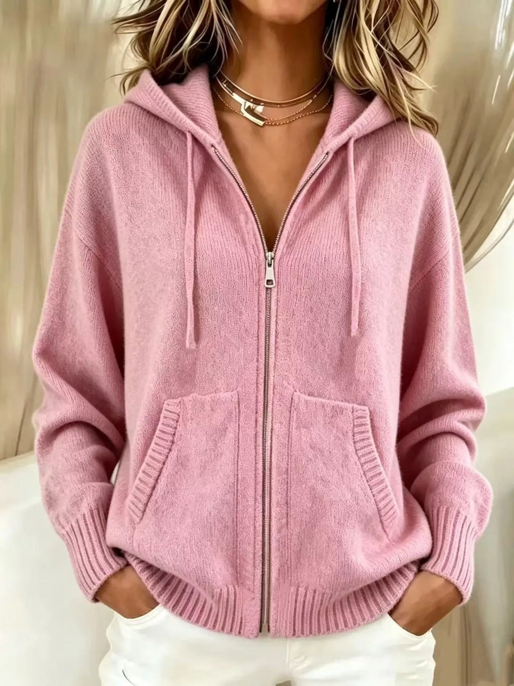 Zip-Up Hooded Knit Cardigan - Lilixa.store
