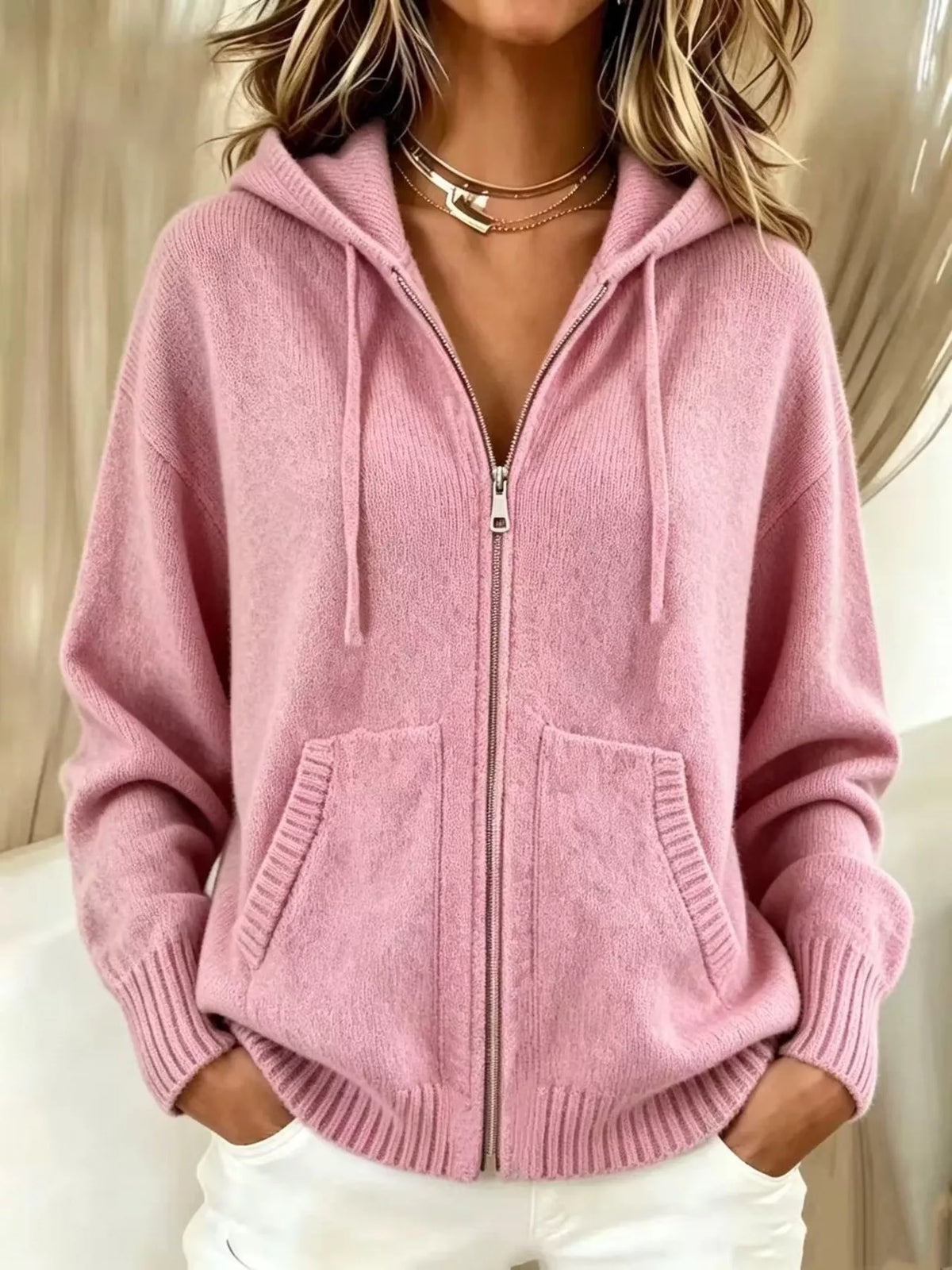 Zip-Up Hooded Knit Cardigan - Lilixa.store