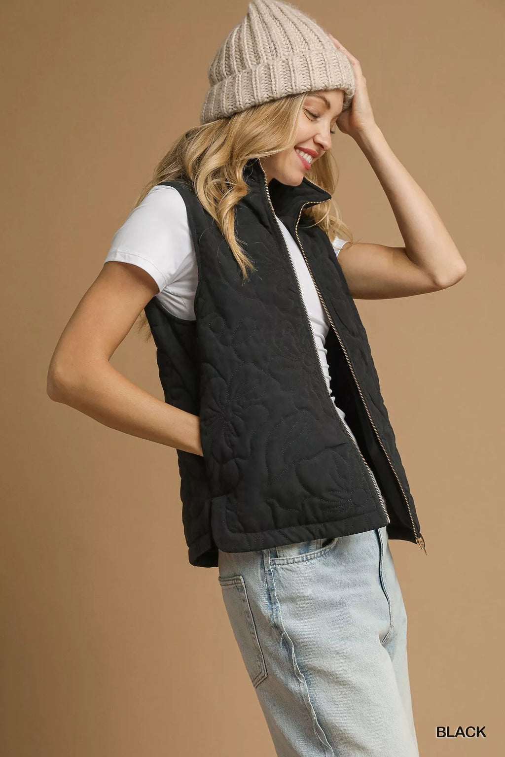 Umgee Quilted Floral Zip Up Vest with Pockets - Lilixa.store