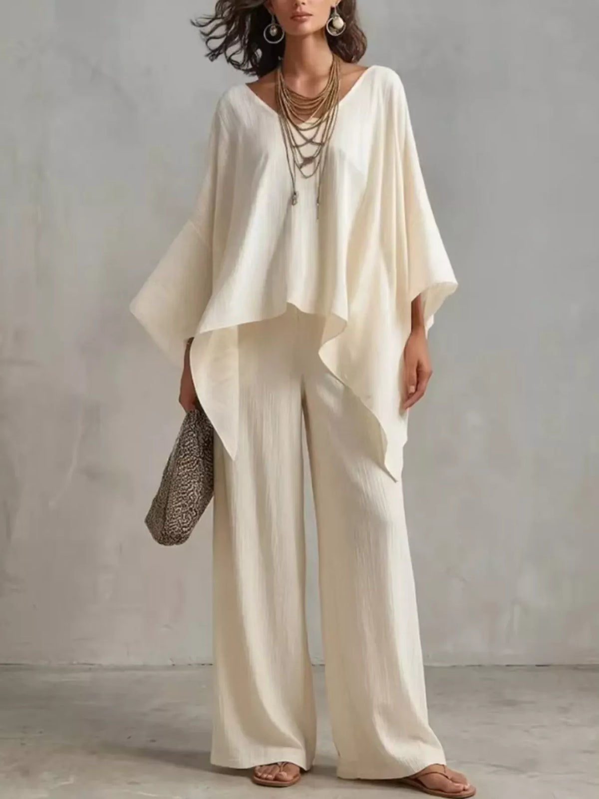 Loose Fit V-Neck Top and Pants Two-Piece Set