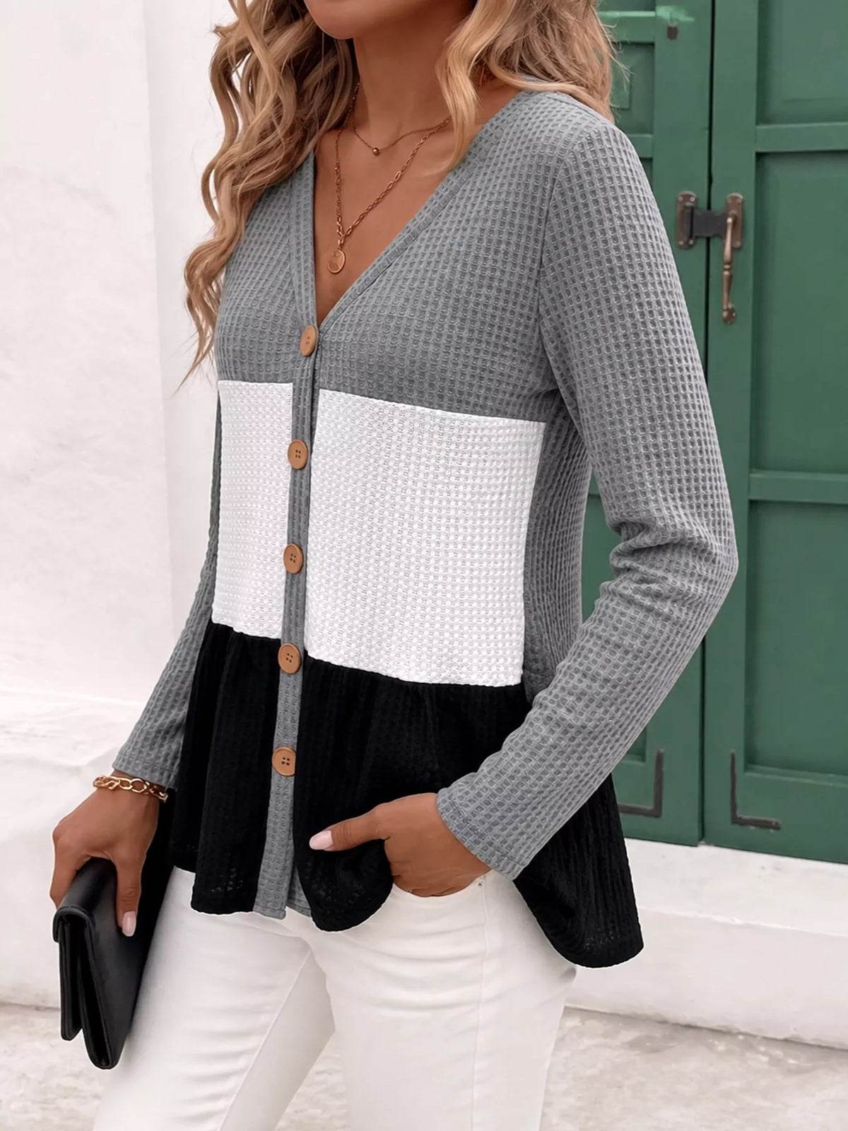 Color Block Waffle Knit Button-Down Cardigan - Lilixa.store
