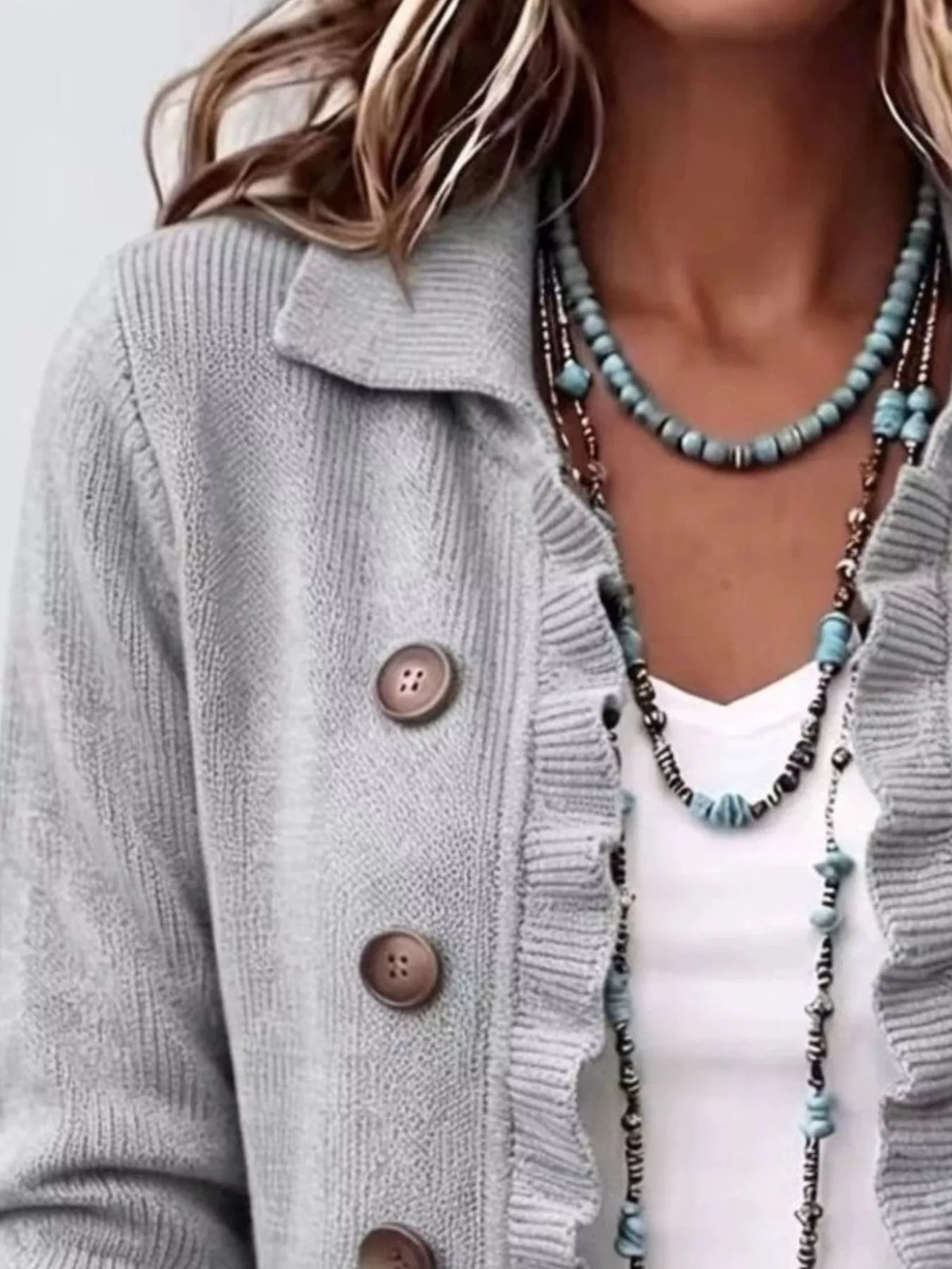 Full Size Ruffled Trim Decorative Button Cardigan Plus Size - Lilixa.store