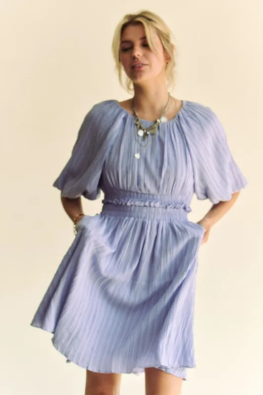 Davi & Dani Back Button Puff Sleeve Mini Dress - Lilixa.store