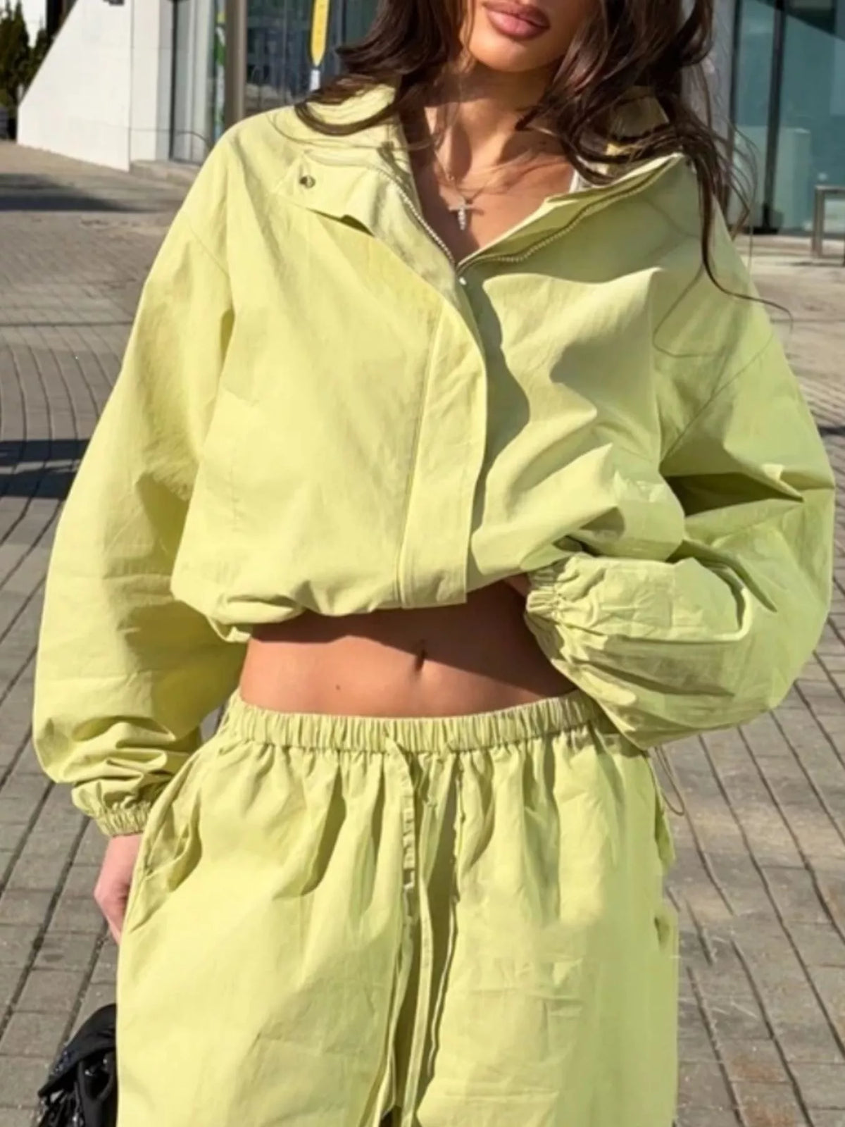 Drawstring Hem Crop Jacket and Wide-Leg Pant Set, view 7