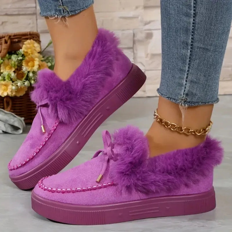 Bow Furry Round Toe Flat Slip-Ons, view 9