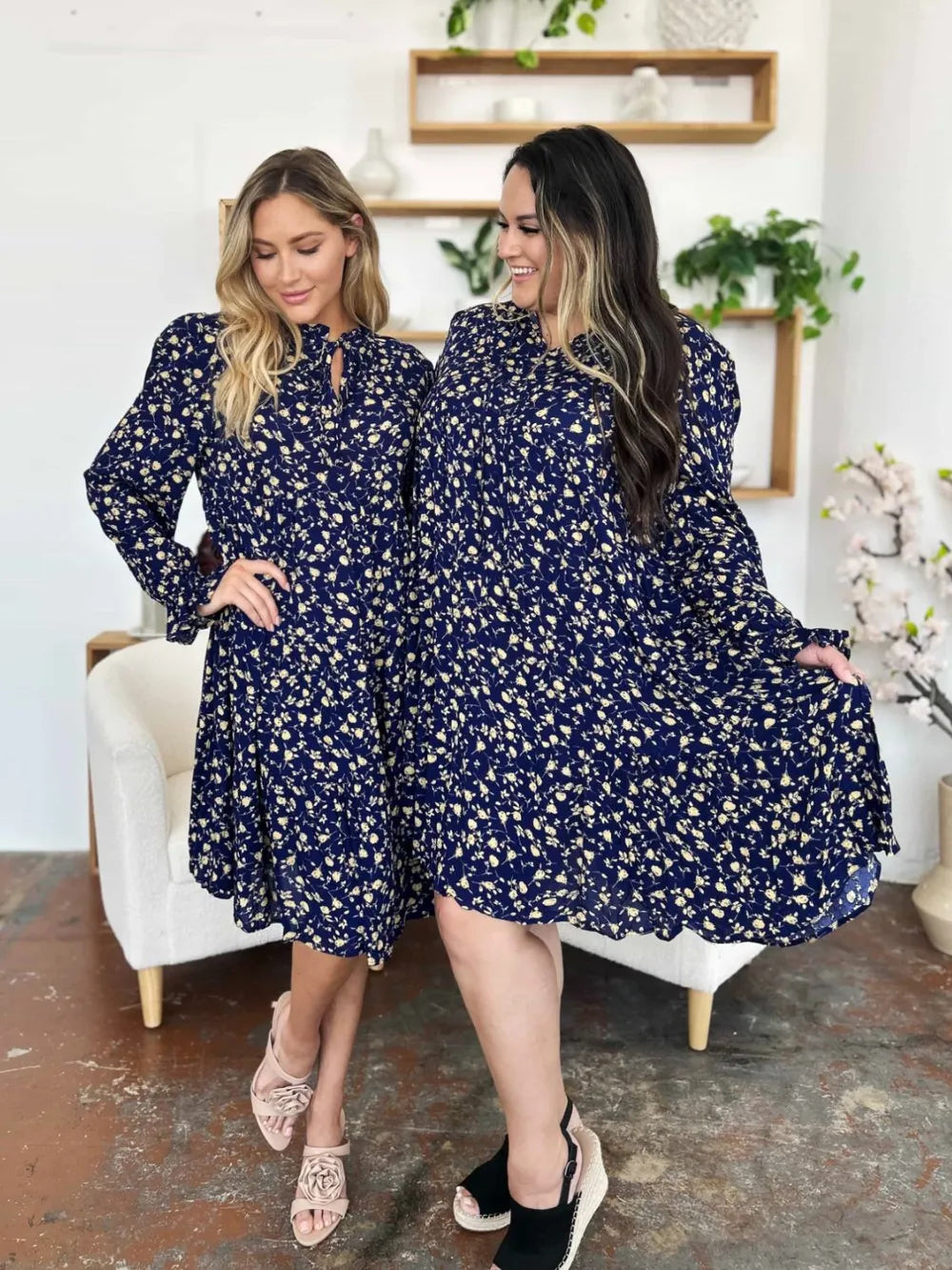 Double Take Full Size Printed Ruffle Hem Long Sleeve Tiered Dress - Lilixa.store