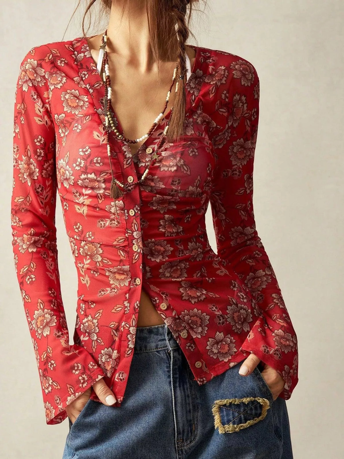 Printed Flare Sleeve Button Down Top