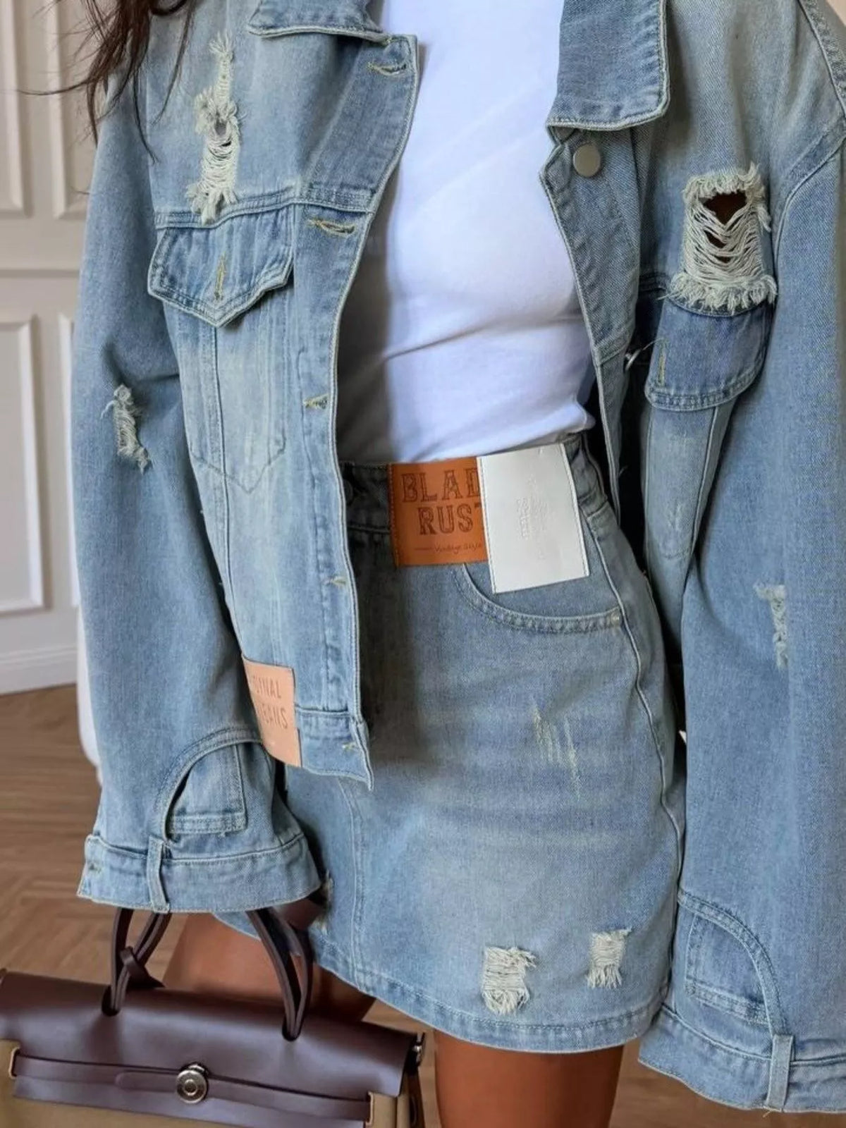 Distressed Denim Jacket and Mini Skirt Set in Light Blue, view 7