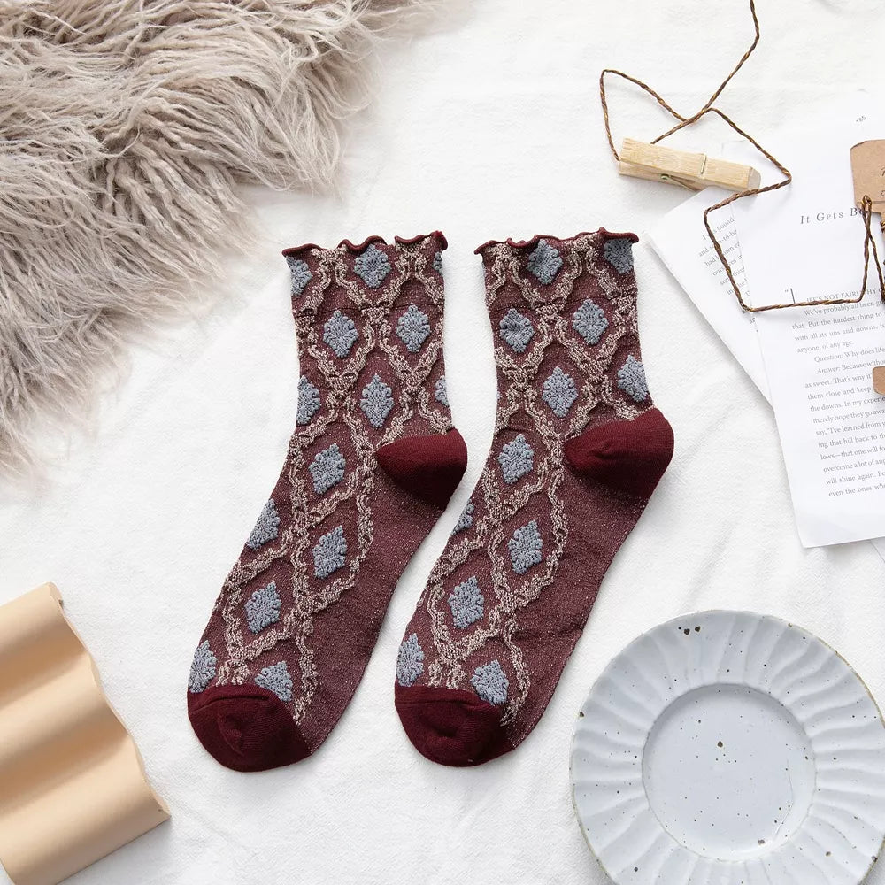 Vintage Argyle Pattern Crew Socks in Wine Red