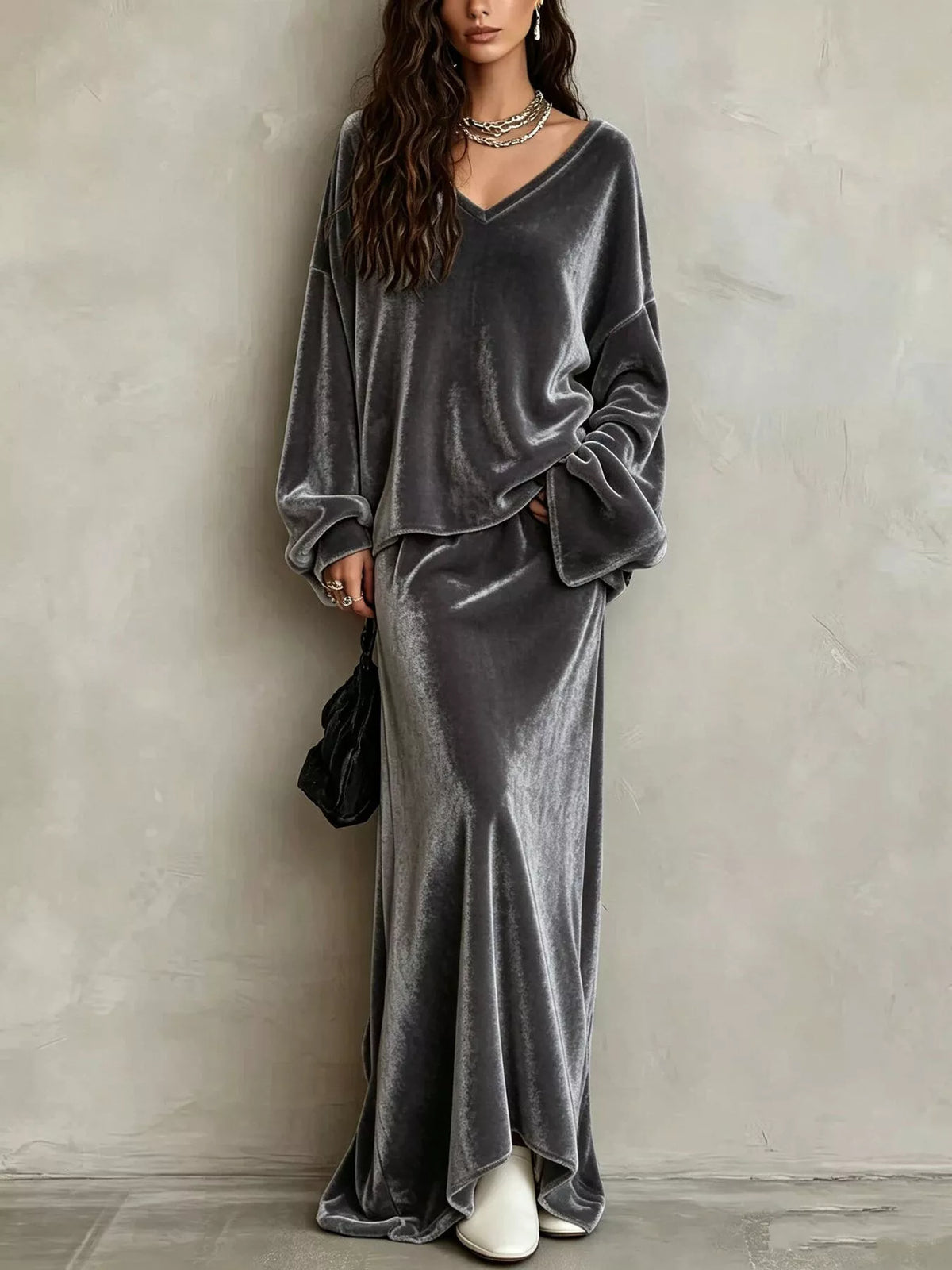 V-Neck Velvet Long Sleeve Top and Maxi Skirt Two-Piece Set