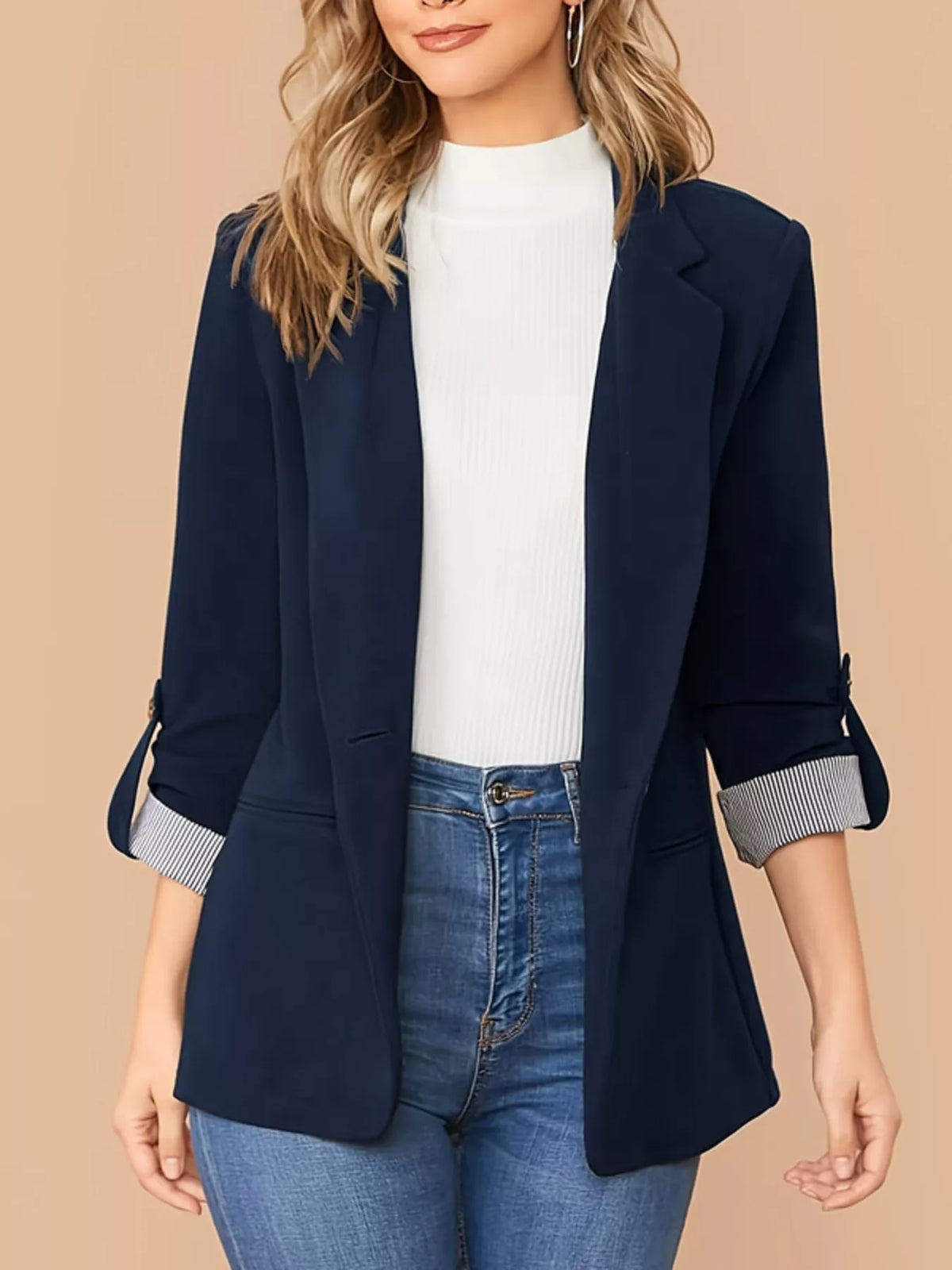 One Button Roll-Up Sleeve Blazer - Lilixa.store