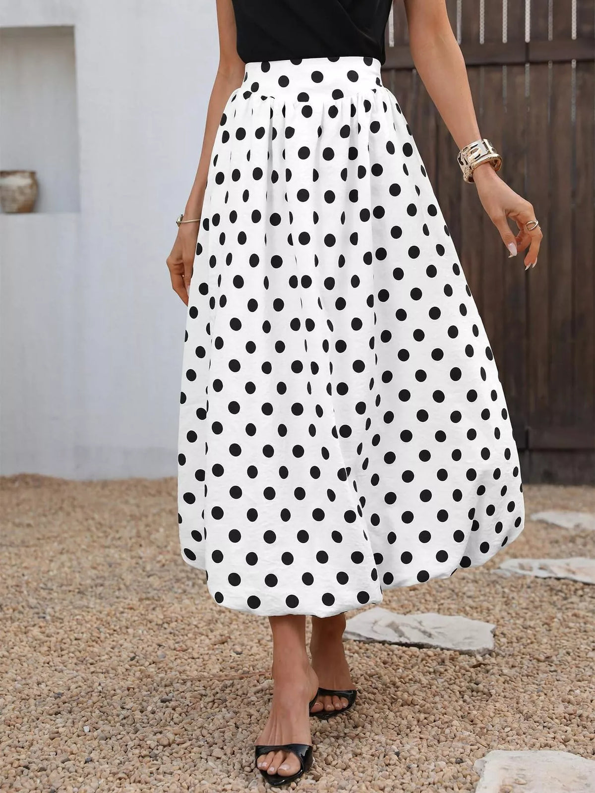 High-Waisted Polka Dot A-Line Midi Skirt, view 2