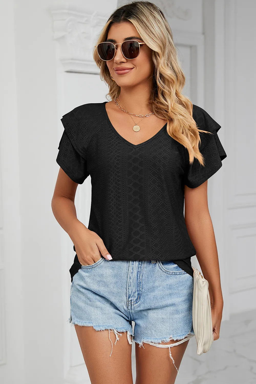 Eyelet V-Neck Short Sleeve T-Shirt - Lilixa.store