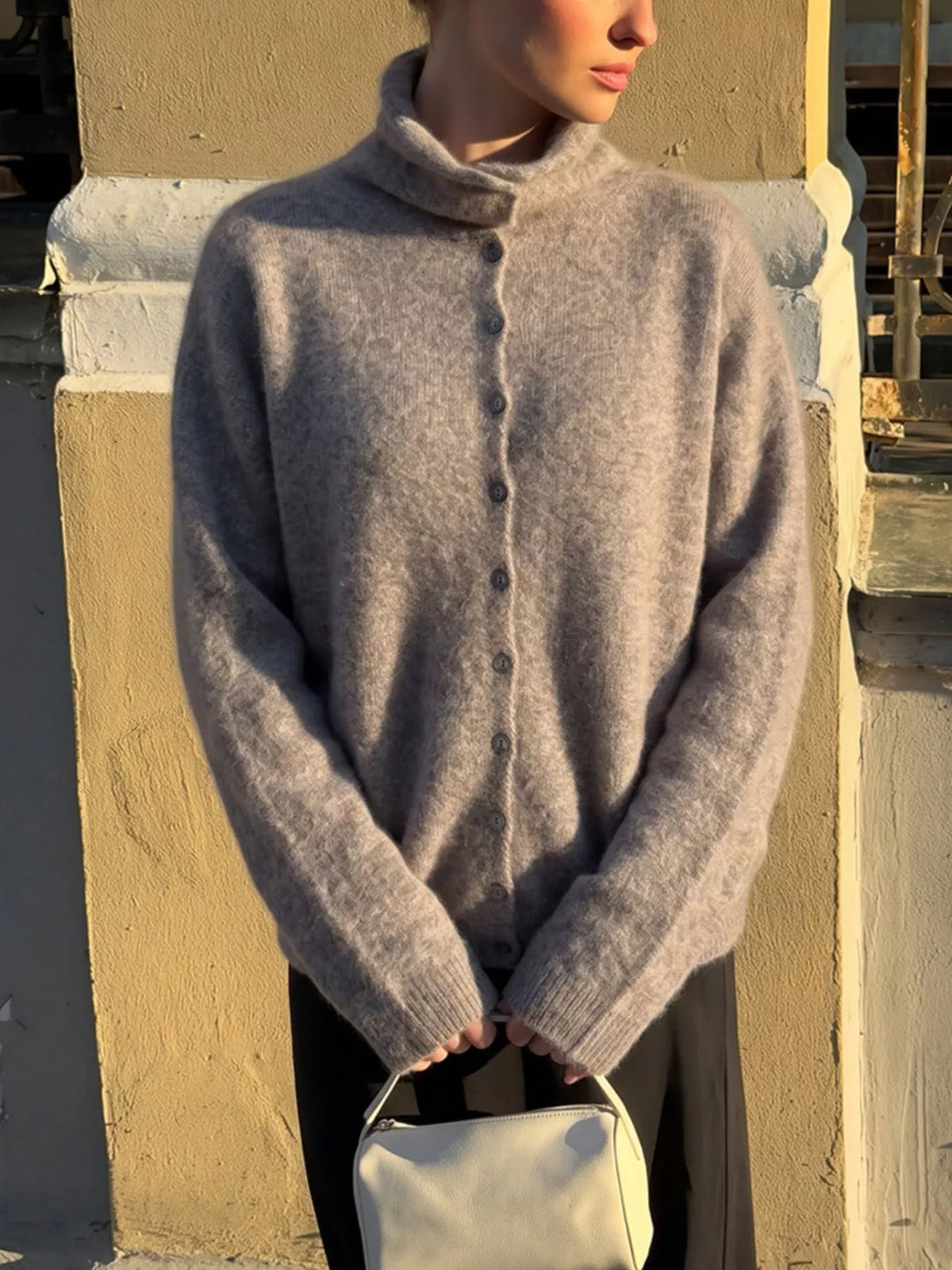Mock Neck Button-Down Fuzzy Knit Cardigan in Mocha