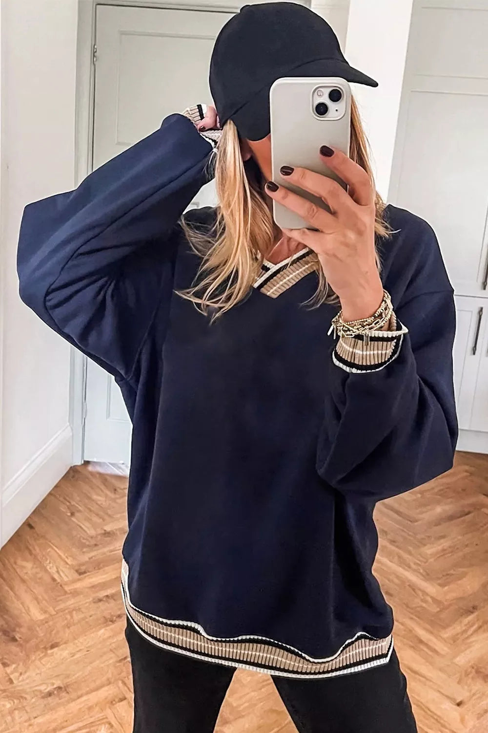 Contrast Striped Trim V Neck Sweatshirt - Lilixa.store