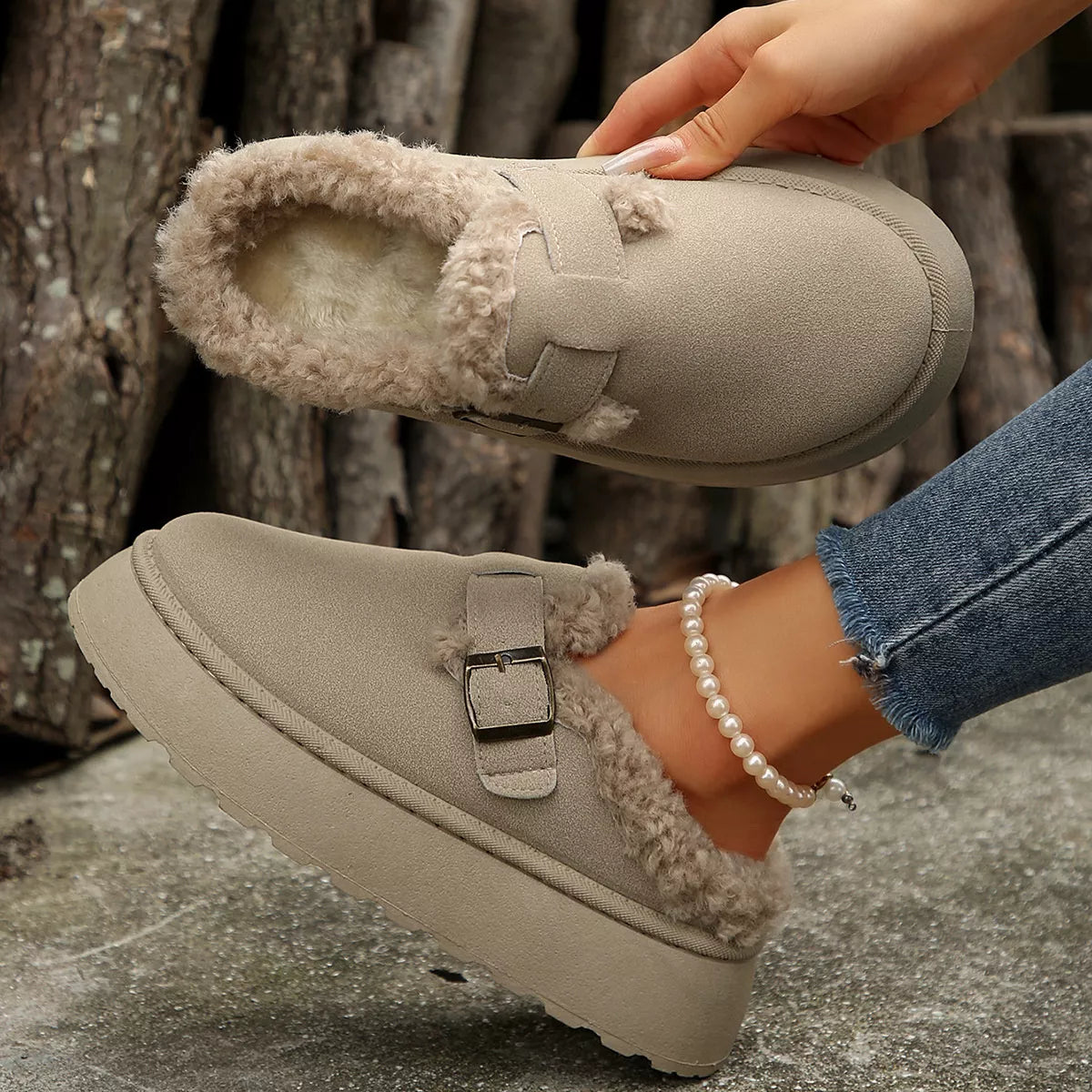 Fuzzy Trim Buckle Platform Slippers - Lilixa.store