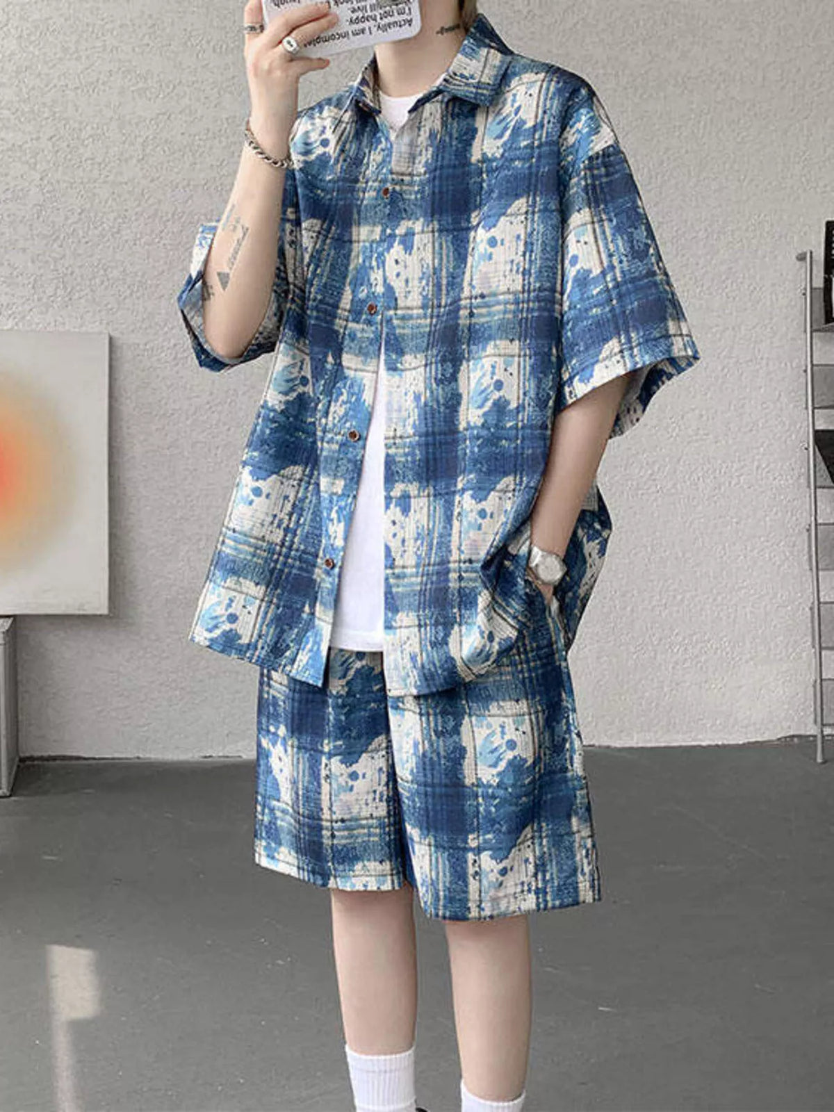 Men's Plus Size Casual Plaid Print Shirt & Shorts Set in Blue