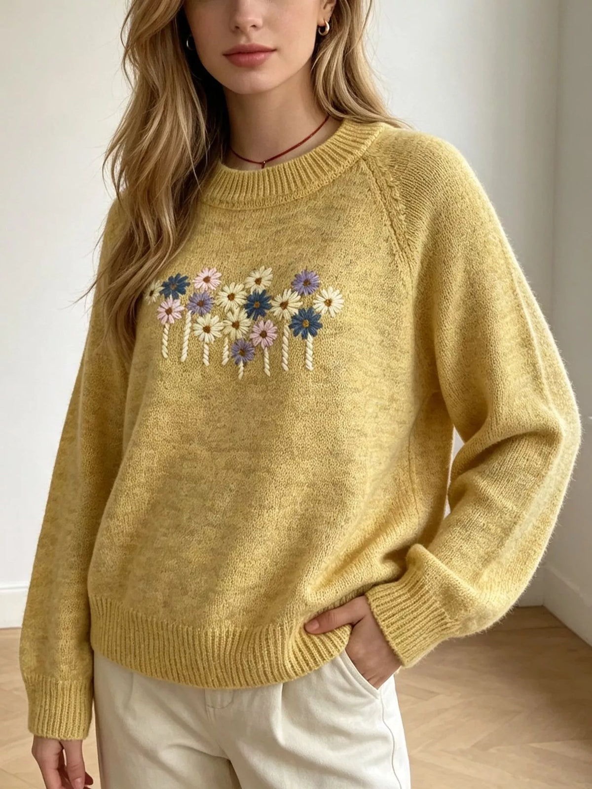 Floral Embroidered Round Neck Sweater, view 19