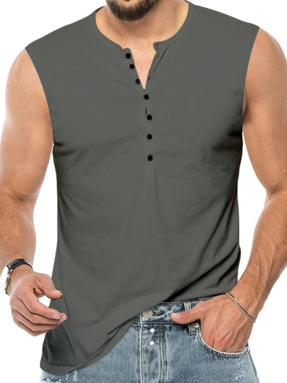 Men's Full Size Button Detail Tank Plus Size - Lilixa.store