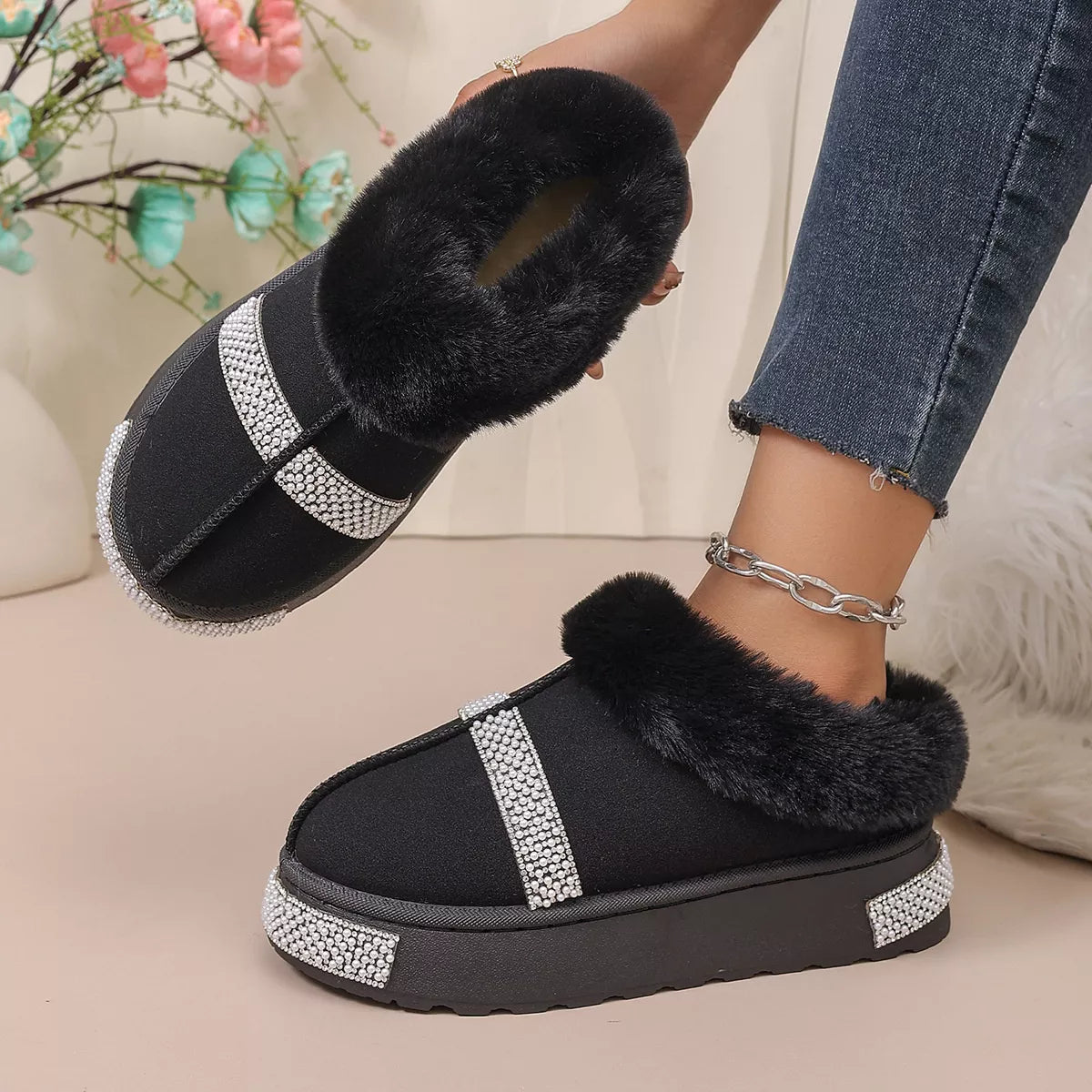 Rhinestone Embellished Faux Fur Lined Platform Boots - Lilixa.store
