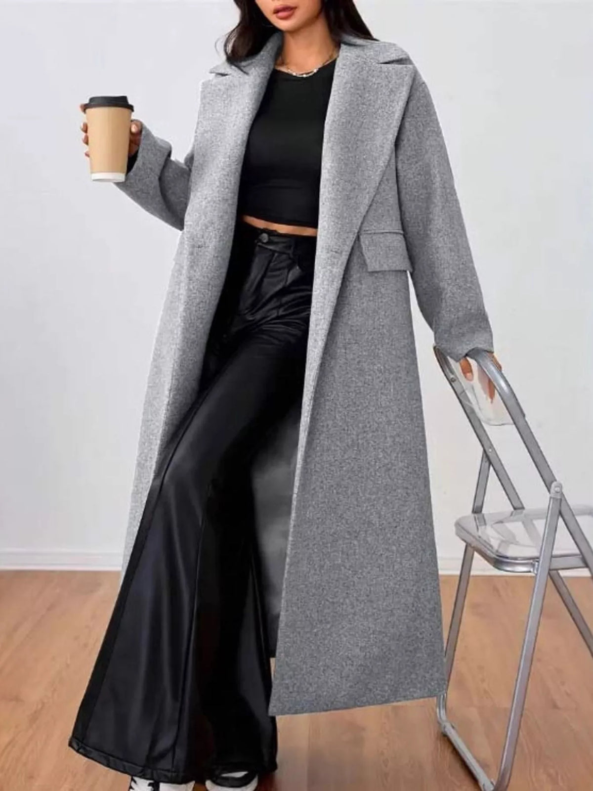 Wool-Blend Longline Overcoat in Gray, view 2