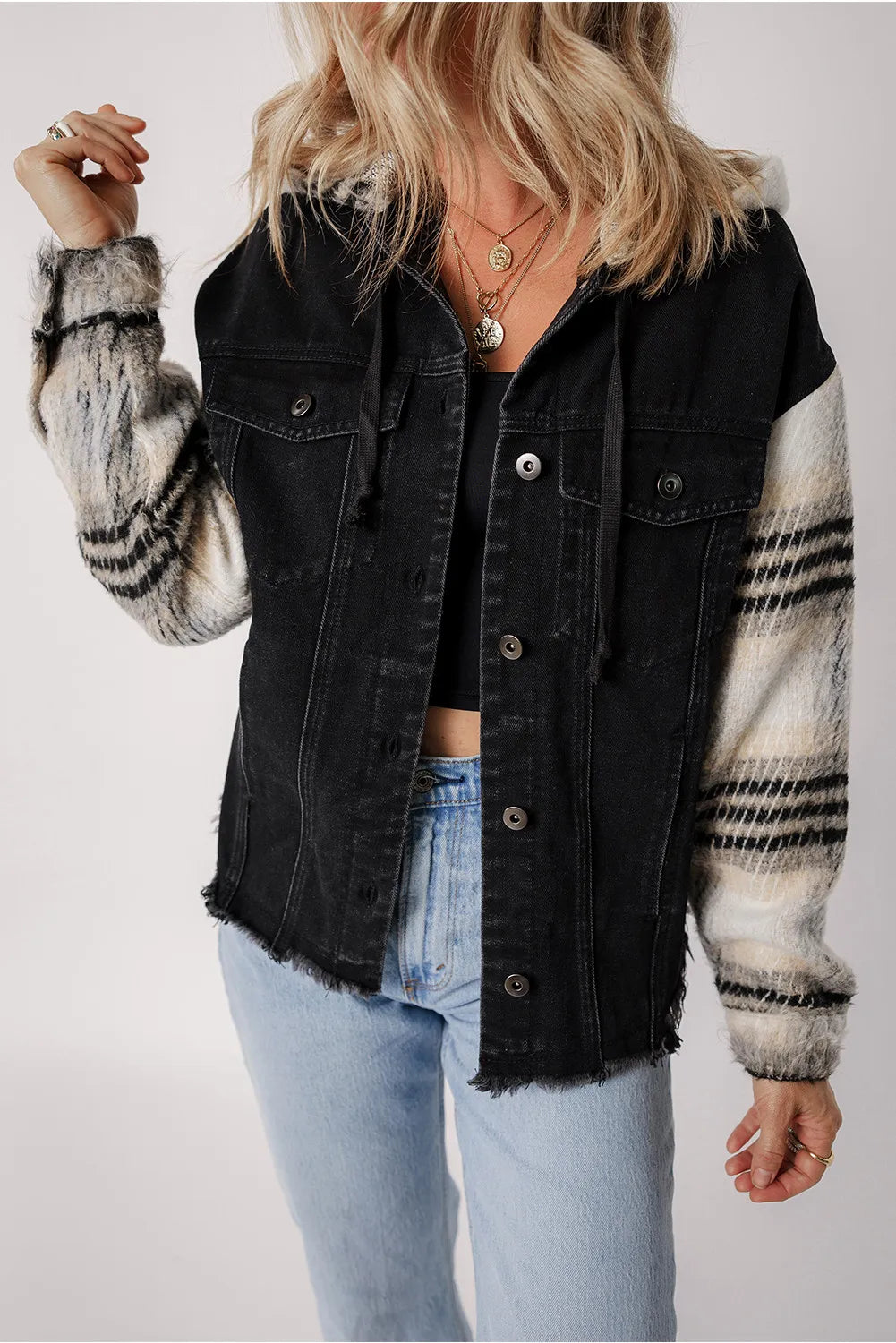 Drawstring Raw Hem Button Up Hooded Denim Jacket - Lilixa.store