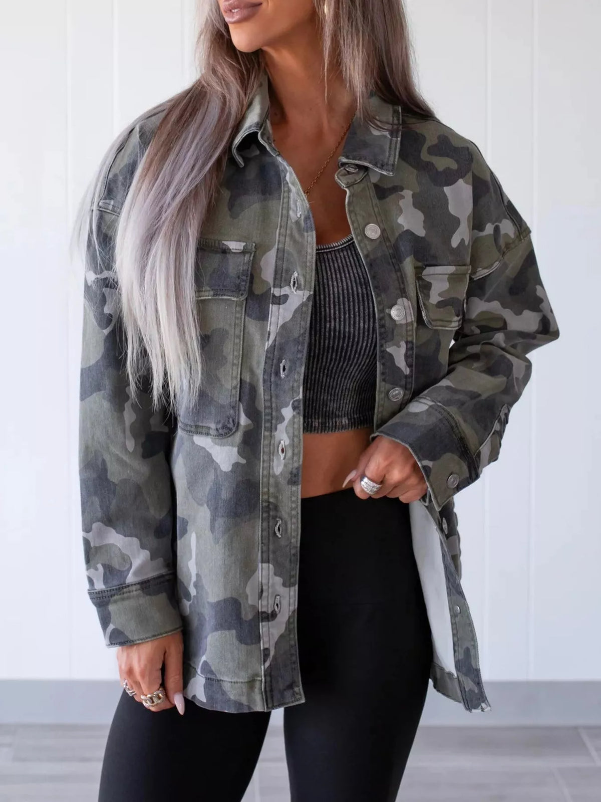 Oversized Camouflage Print Button Up Denim Jacket