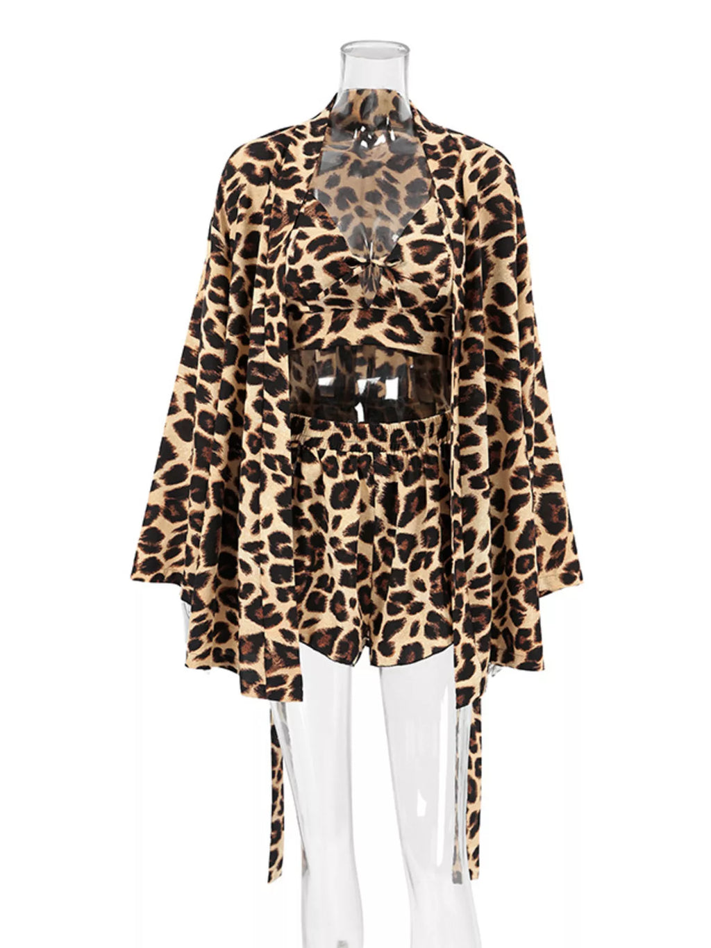 Leopard Cami & Cardigan and Shorts Three-Piece Lounge Set - Lilixa.store