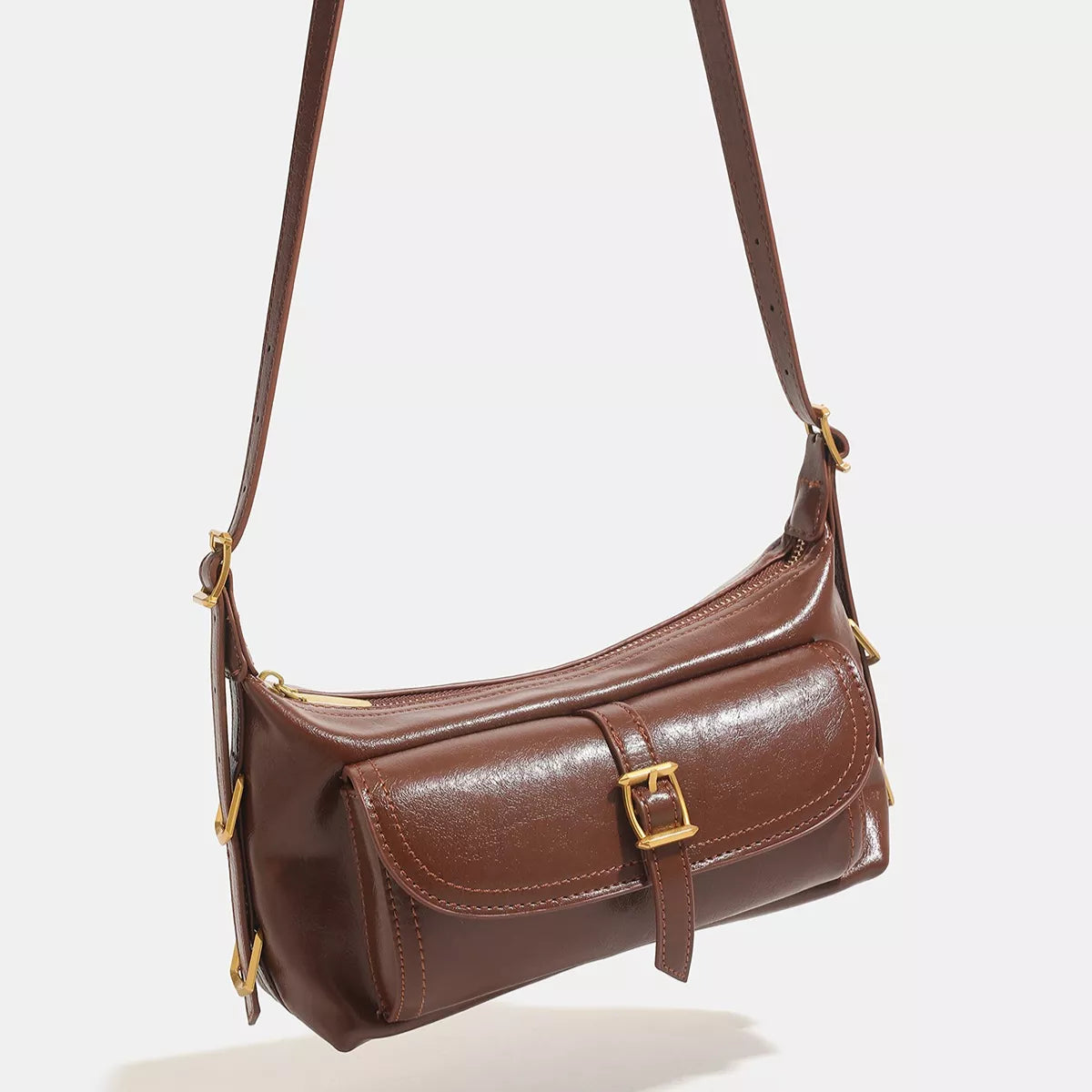 Vintage PU Leather Shoulder Bag with Buckle Detail in Caramel, view 3