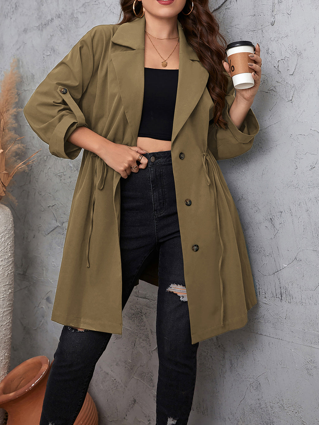 Honey Plus Size Lapel Collar Drawstring Roll-Tab Sleeve Trench Coat - Lilixa.store