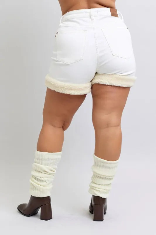 Judy Blue Full Size High Waist Shearling Cuff Denim Shorts Plus Size - Lilixa.store