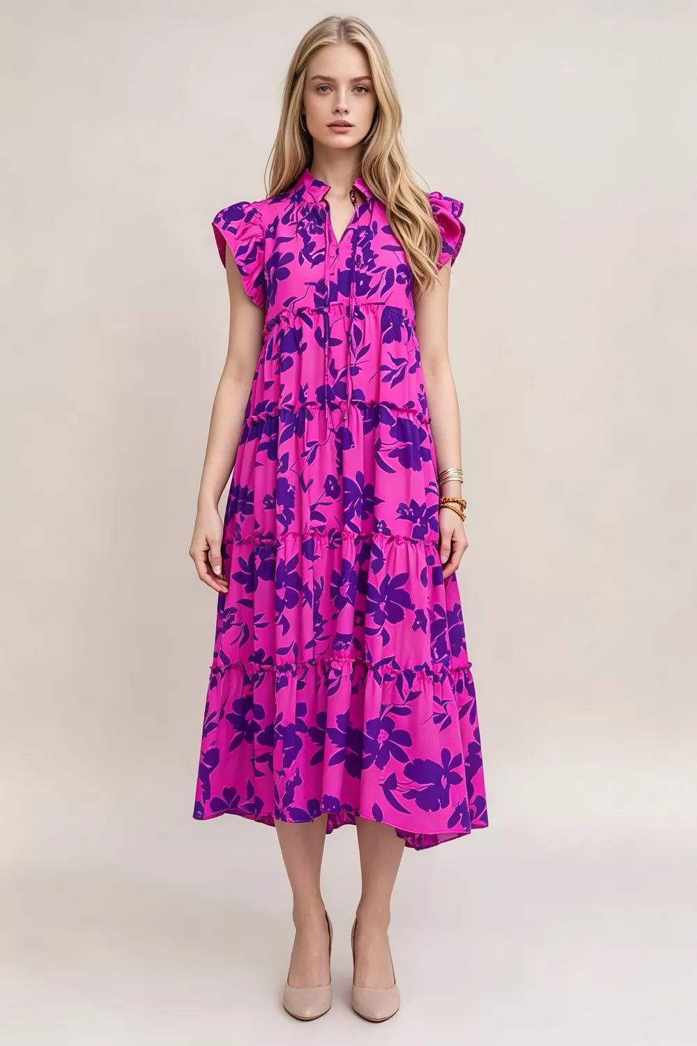 Oh Full Size Floral Ruffled Cap Sleeve Loose Flowy Summer Vacation Tiered Midi Dress Plus Size in Red-Violet, view 4