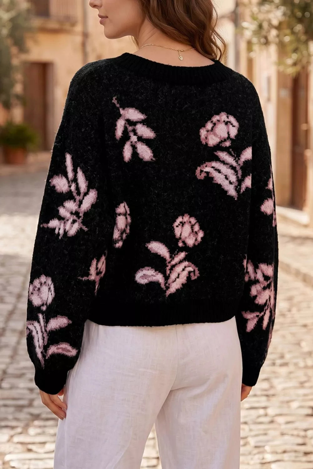 Floral Pattern Puff Sleeve Dropped Shoulder Pullover Sweater