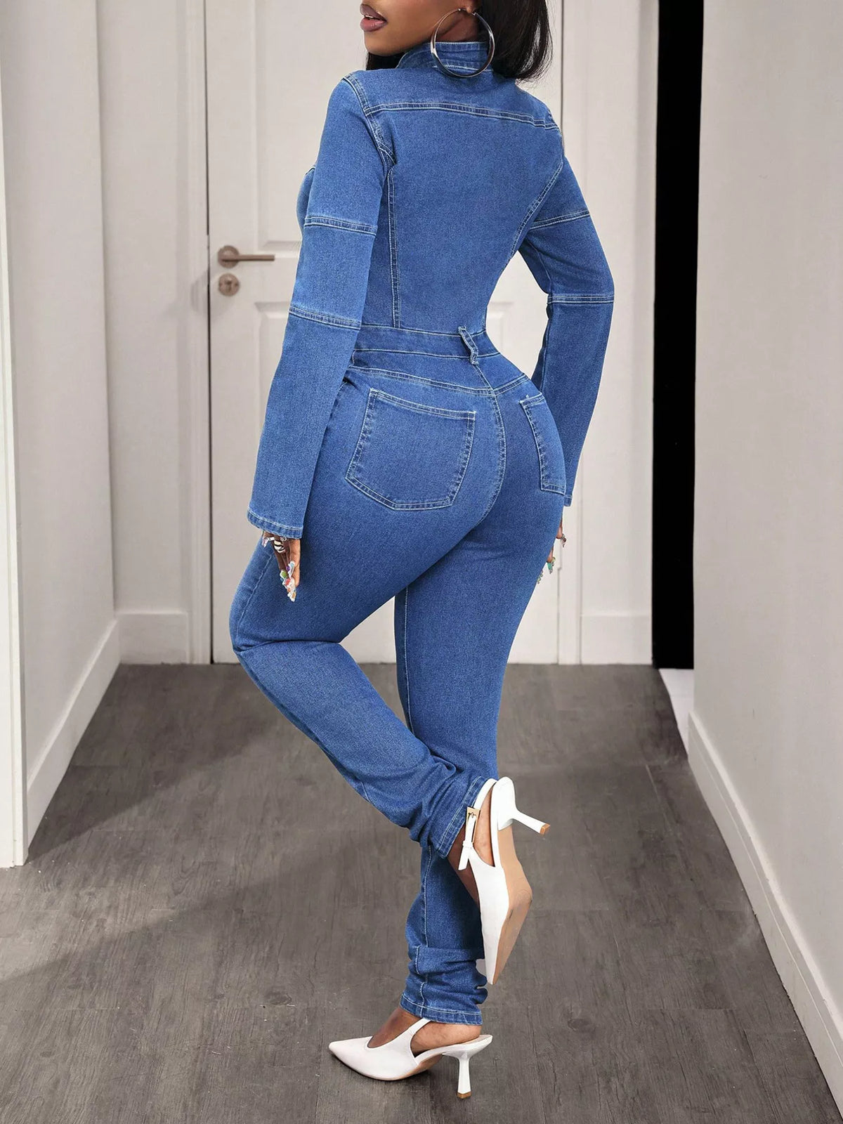 Slim-Fit Long Sleeve Zip-Front Denim Jumpsuit in Blue, view 4