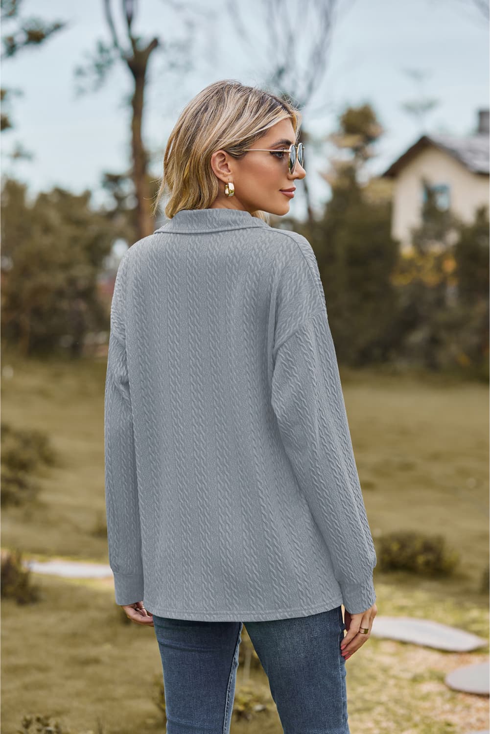 Collared Neck Cable-Knit Long Sleeve Blouse, view 12