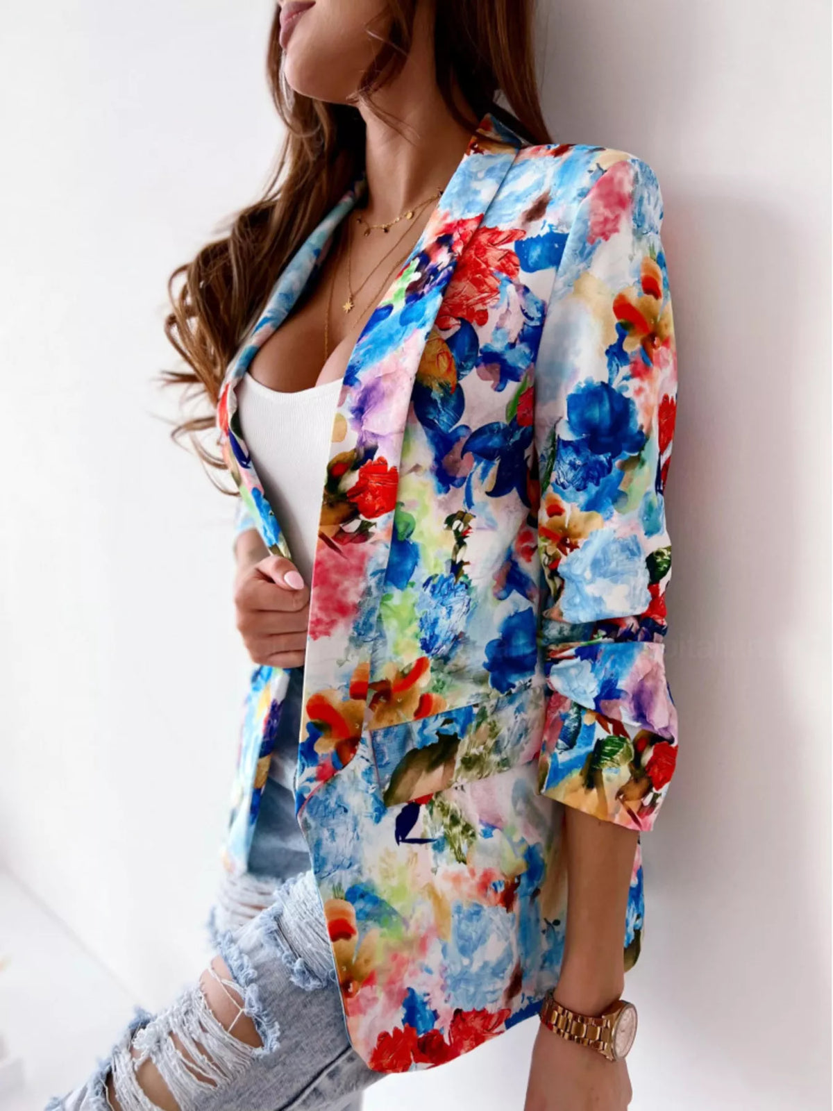 Vibrant Floral Print Open Front Blazer - Lilixa.store