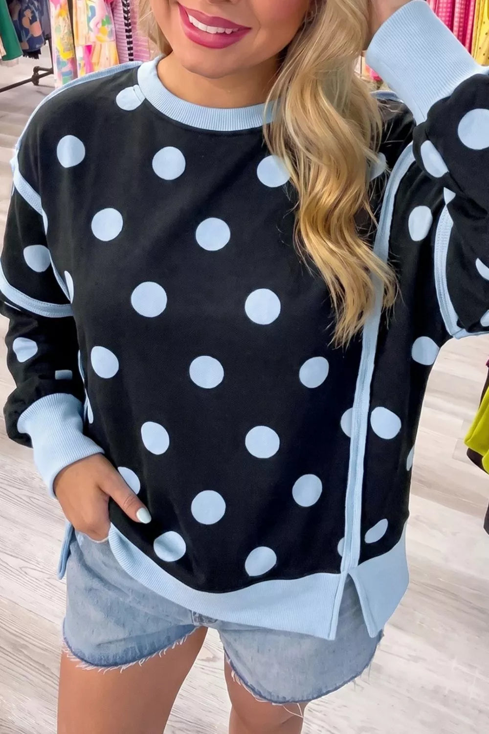 Polka Dot Crew Neck Sweatshirt - Lilixa.store