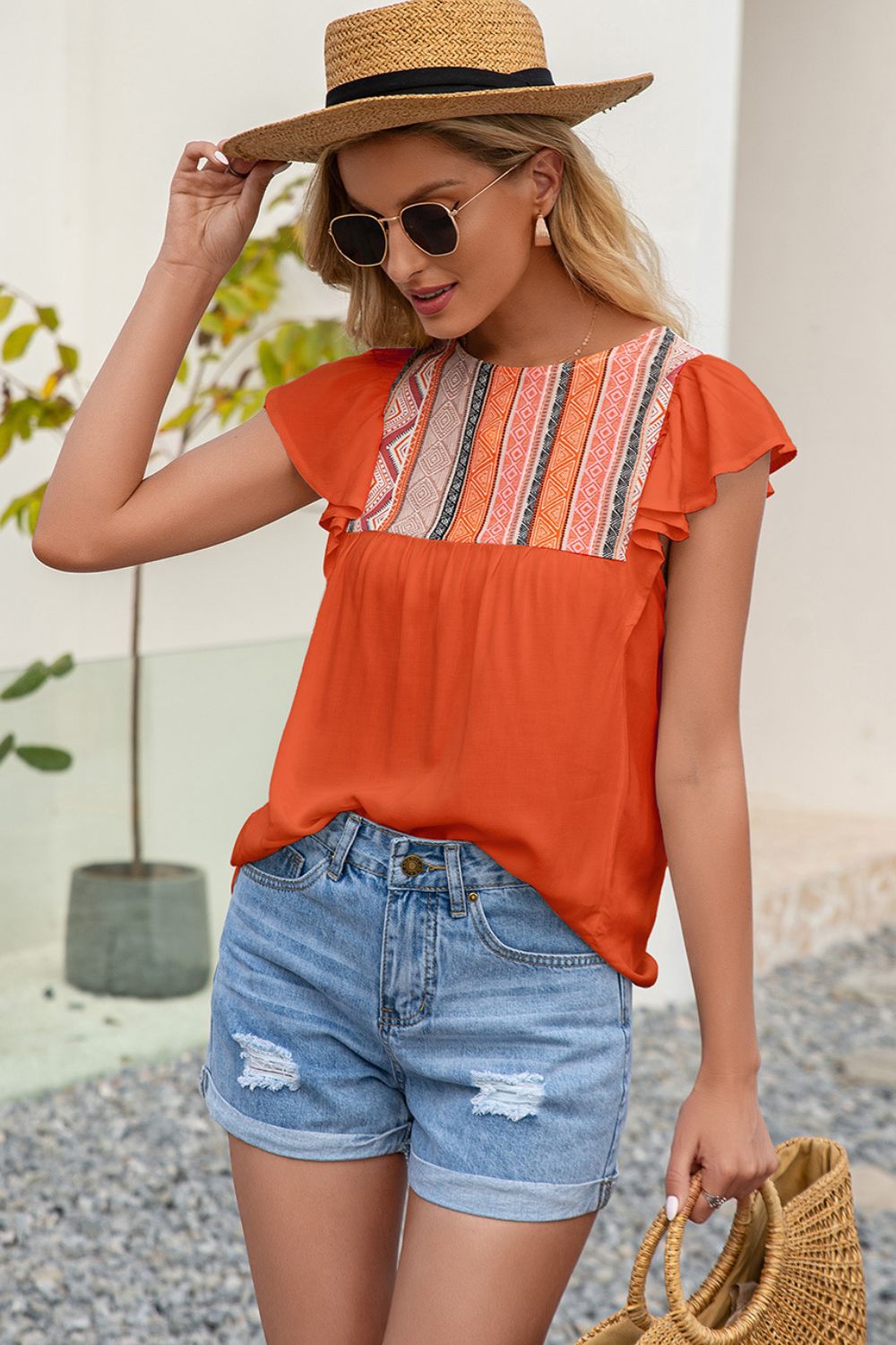 Ivy Lane Contrast Print Butterfly Sleeve Top - Lilixa.store