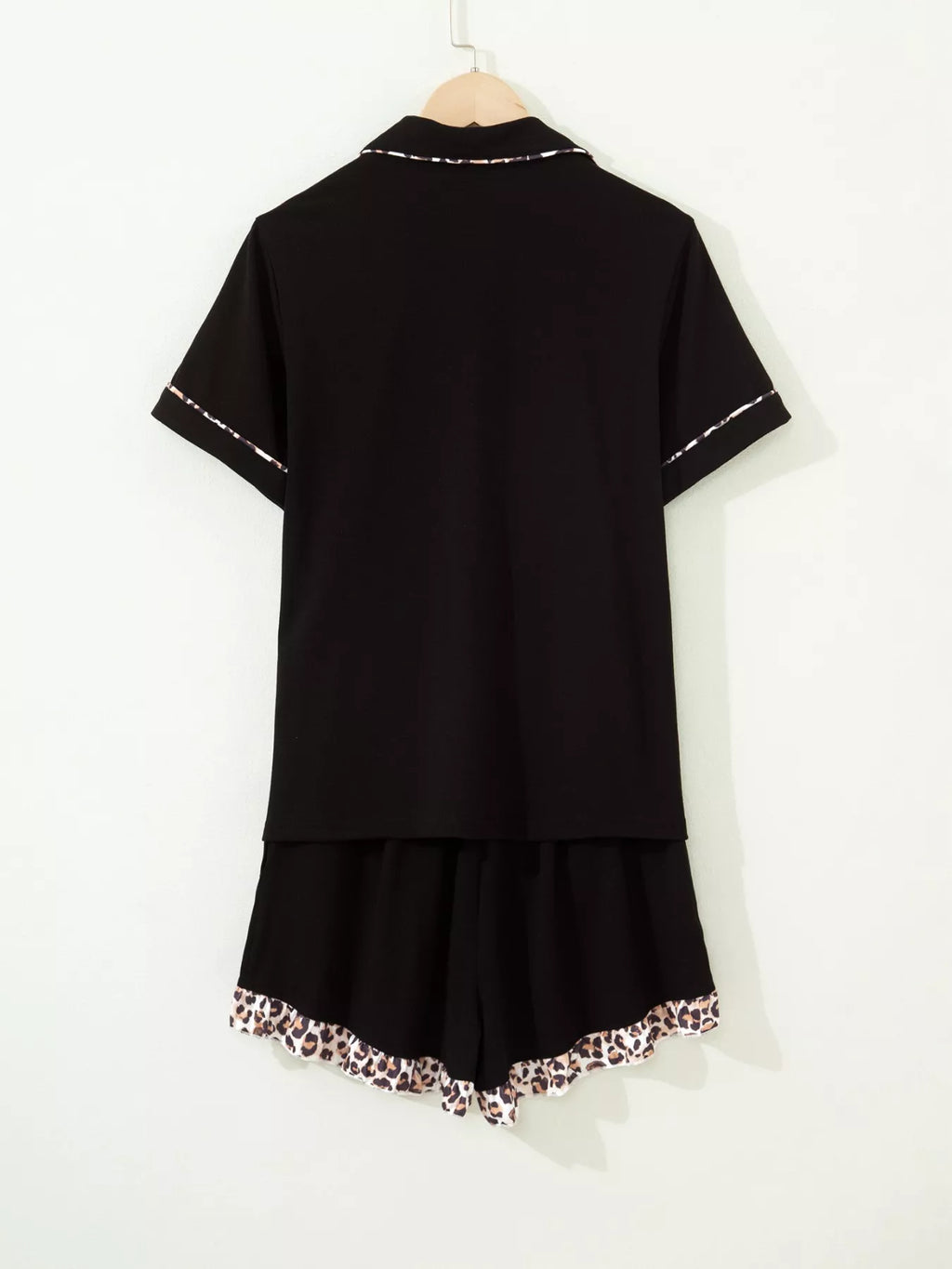 k Leopard Patchwork Trim Lapel Shirt Drawstring Shorts 2pcs Pajama Set - Lilixa.store