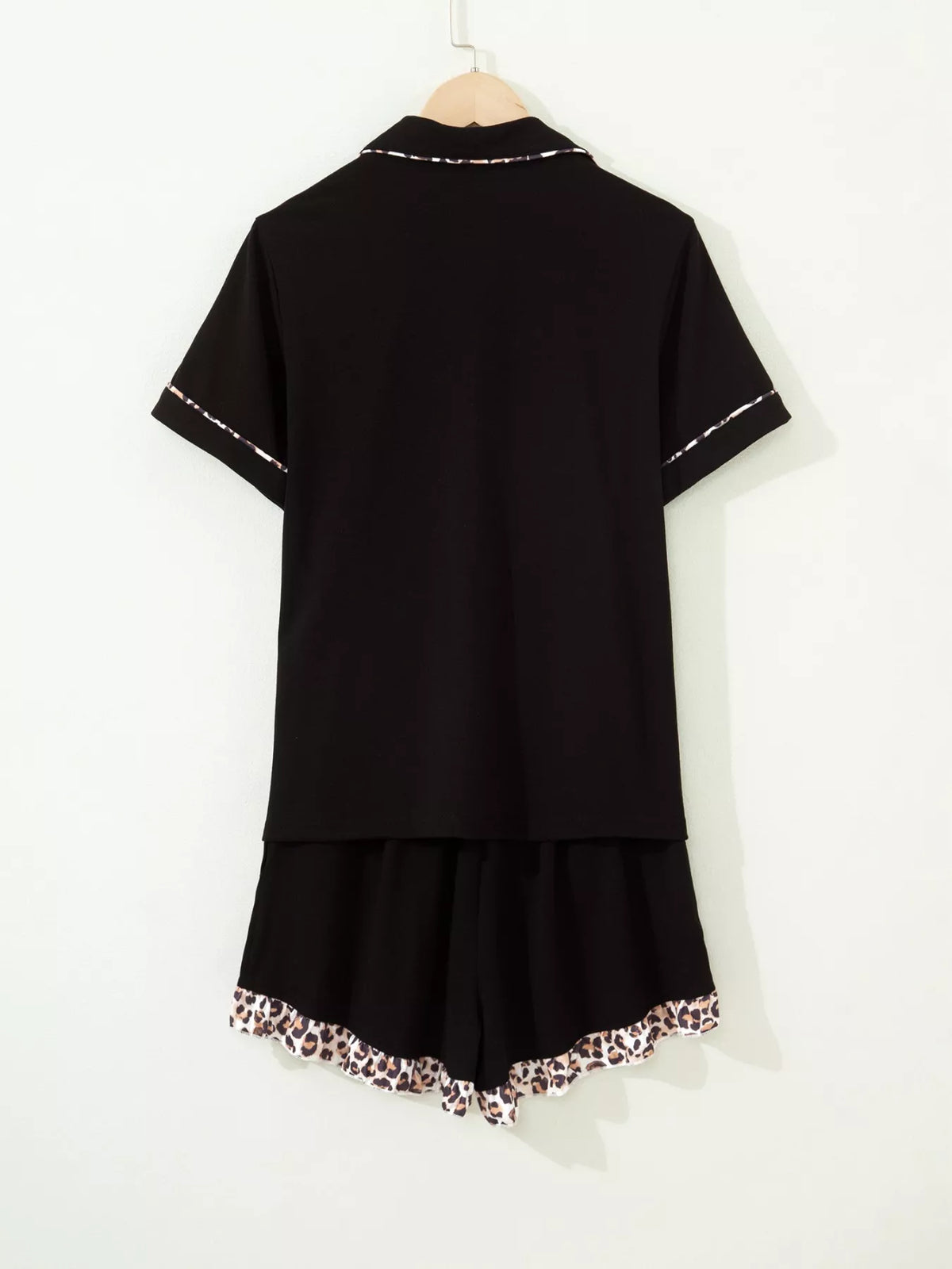 k Leopard Patchwork Trim Lapel Shirt Drawstring Shorts 2pcs Pajama Set - Lilixa.store