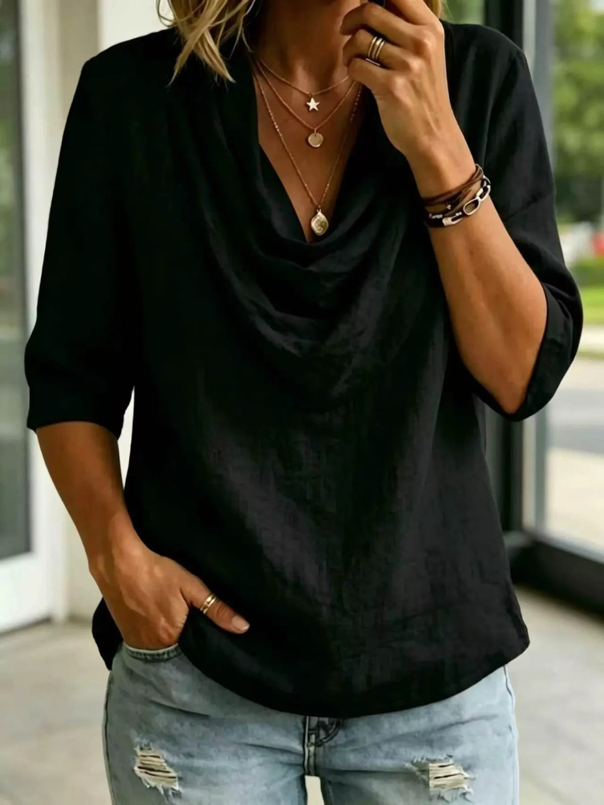 Full Size Cowl Neck 3/4 Sleeve Top Plus Size - Lilixa.store