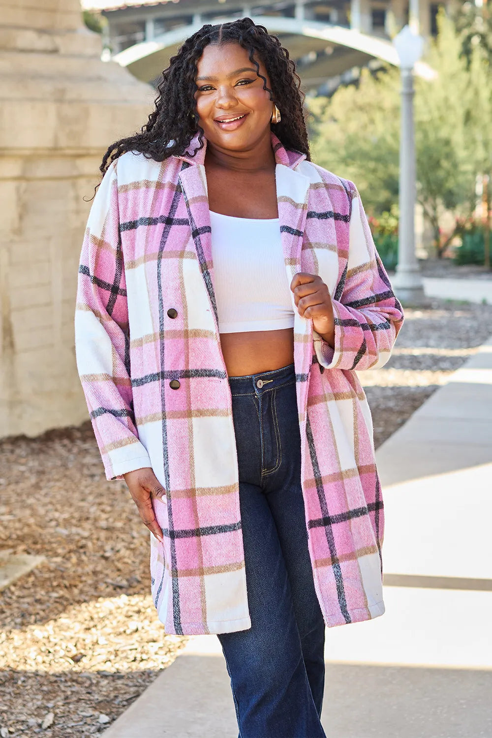 Double Take Full Size Plaid Button Up Lapel Collar Coat - Lilixa.store