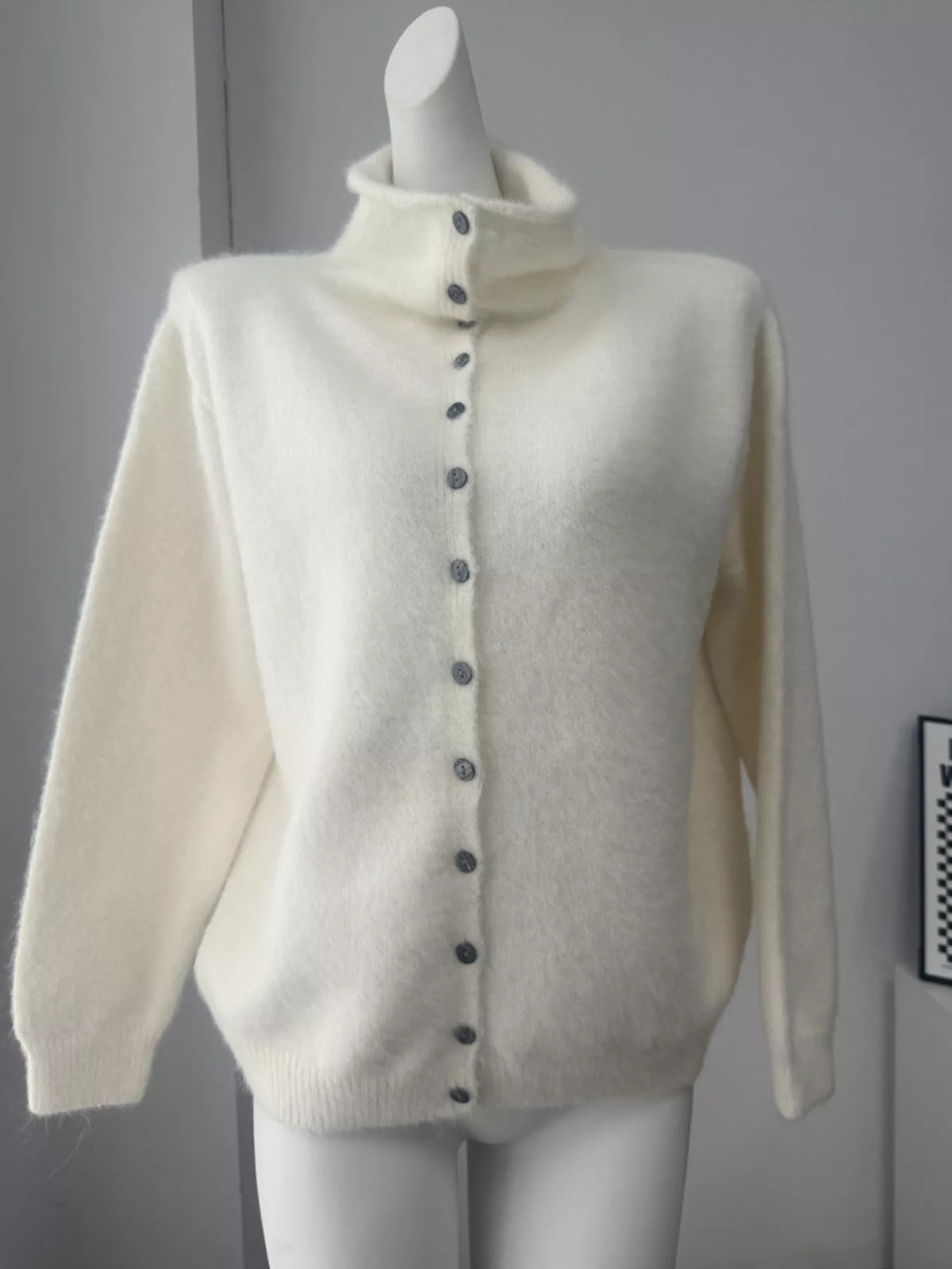 Mock Neck Button-Down Fuzzy Knit Cardigan, view 10